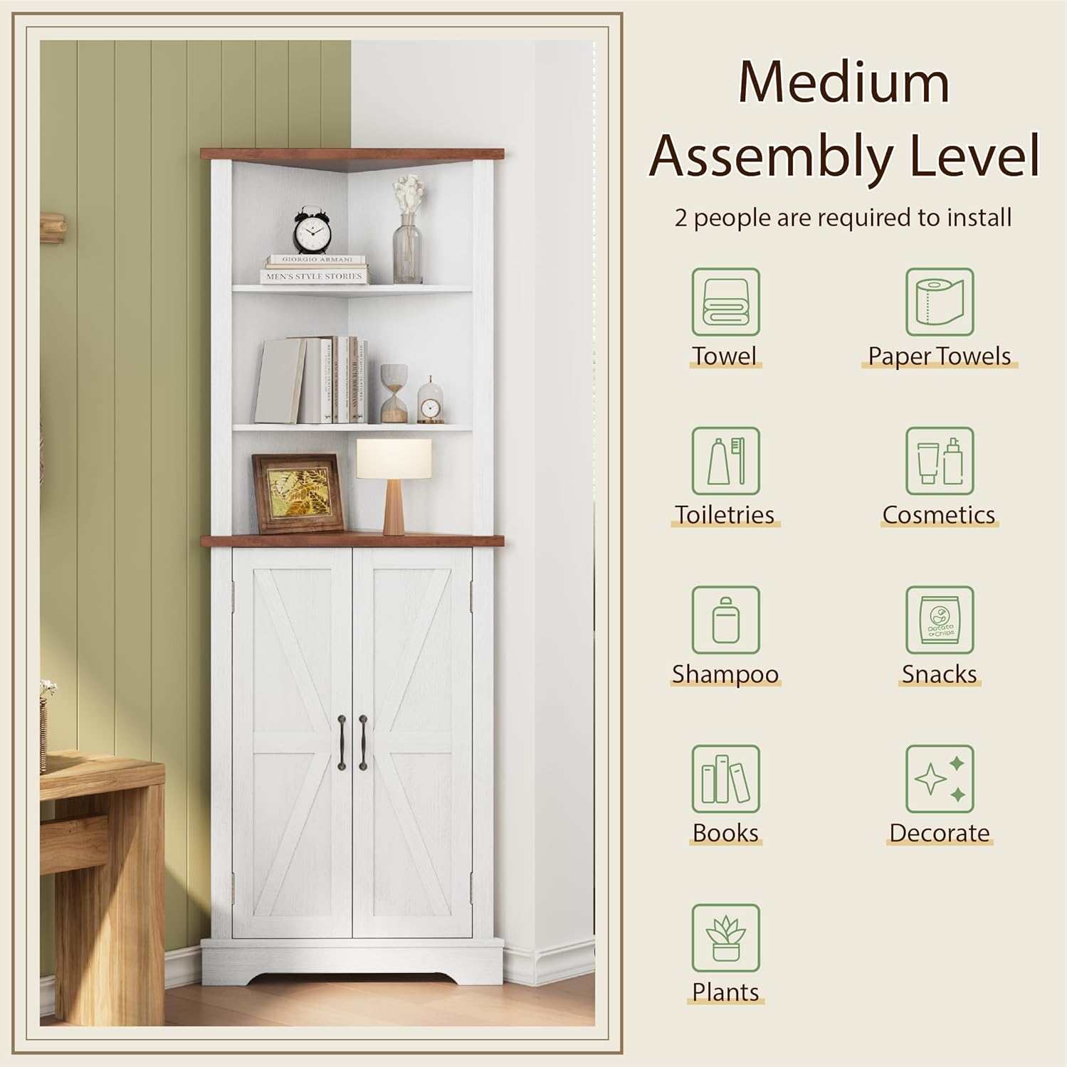 Smuxee Tall Corner Storage Cabinet with Barn Door and Adjustable Shelves