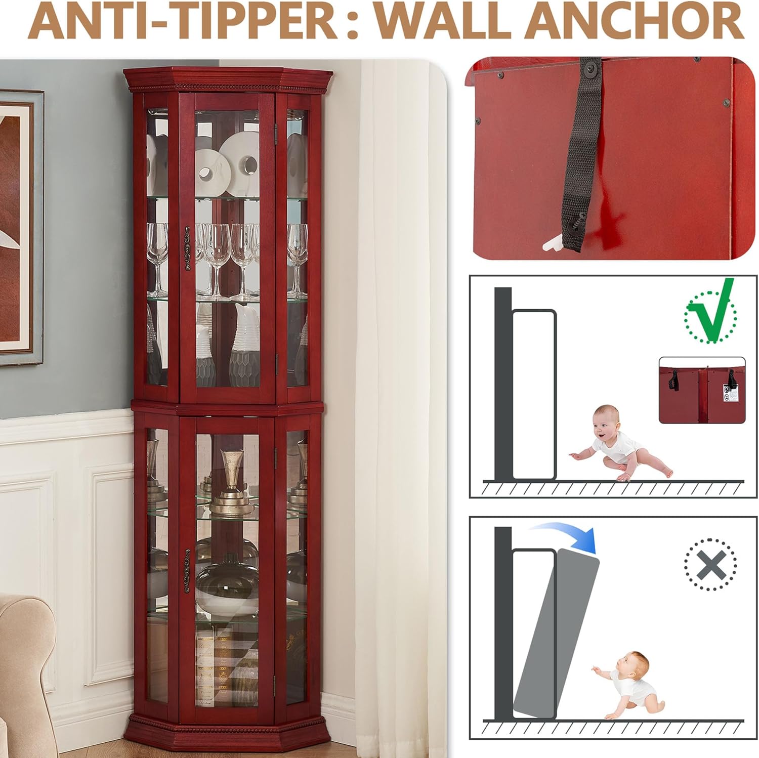 70 Inch Corner Curio Cabinet with LED Lights Cherry