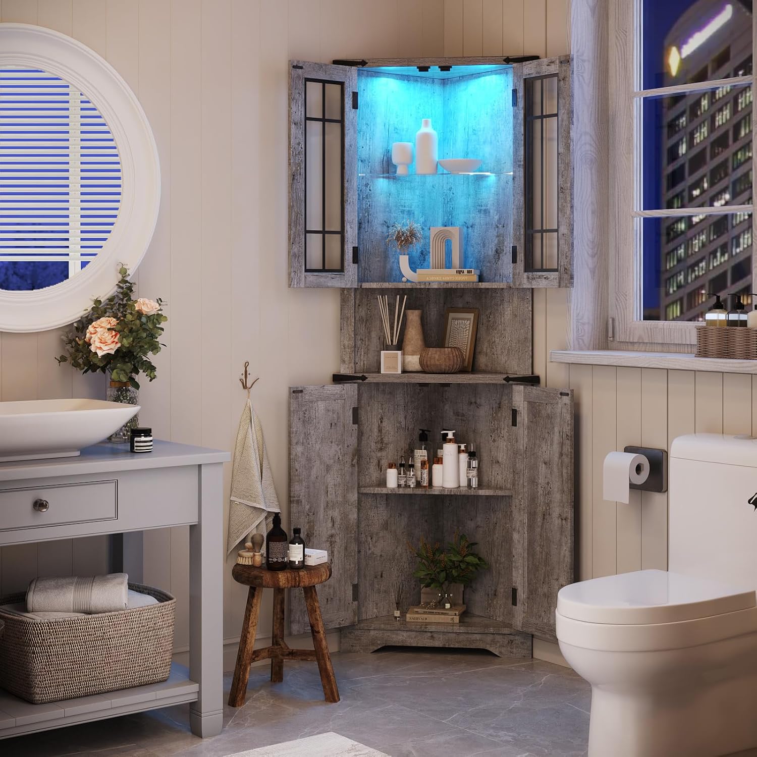 Farmhouse Corner Cabinet with LED Light