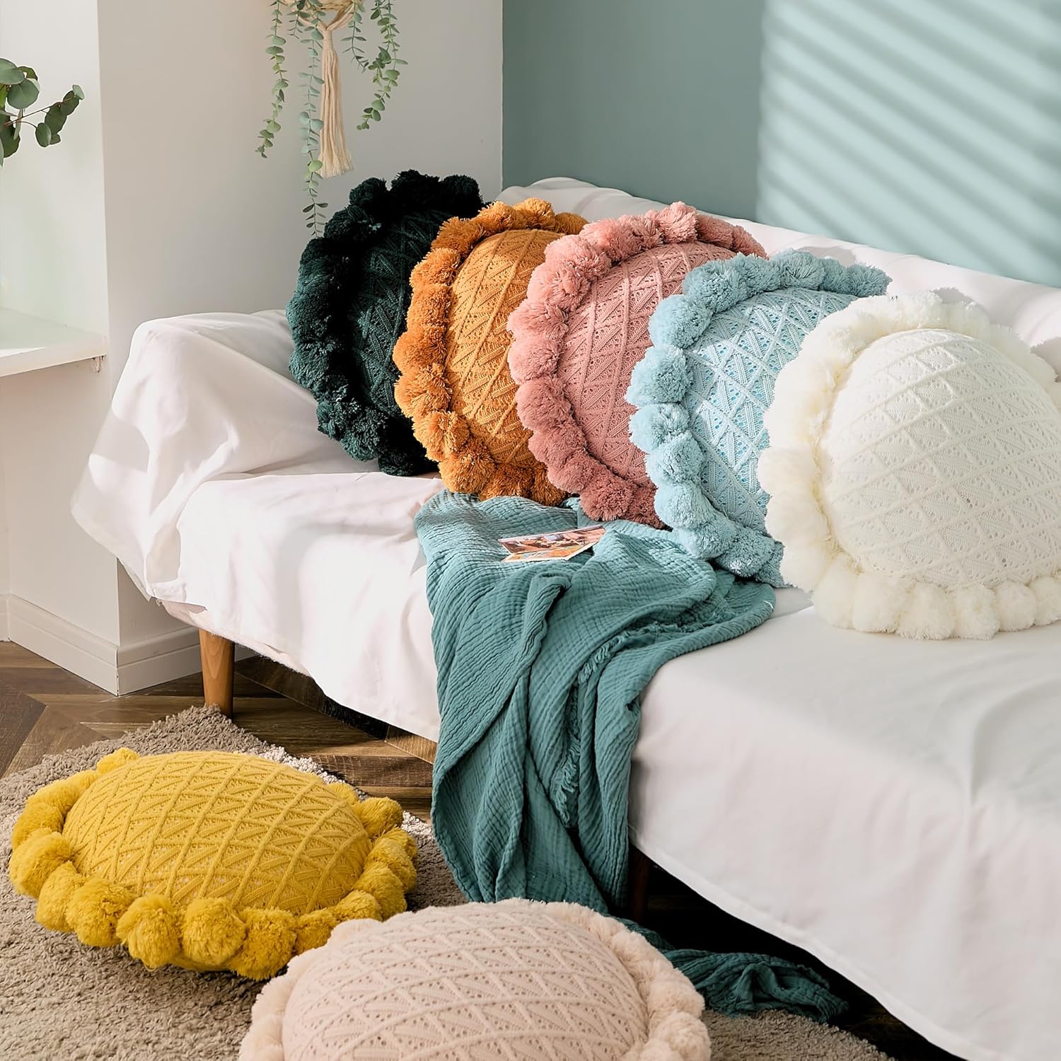 ATMOSURELY Boho Cotton Knitted Throw Pillow with Tassels