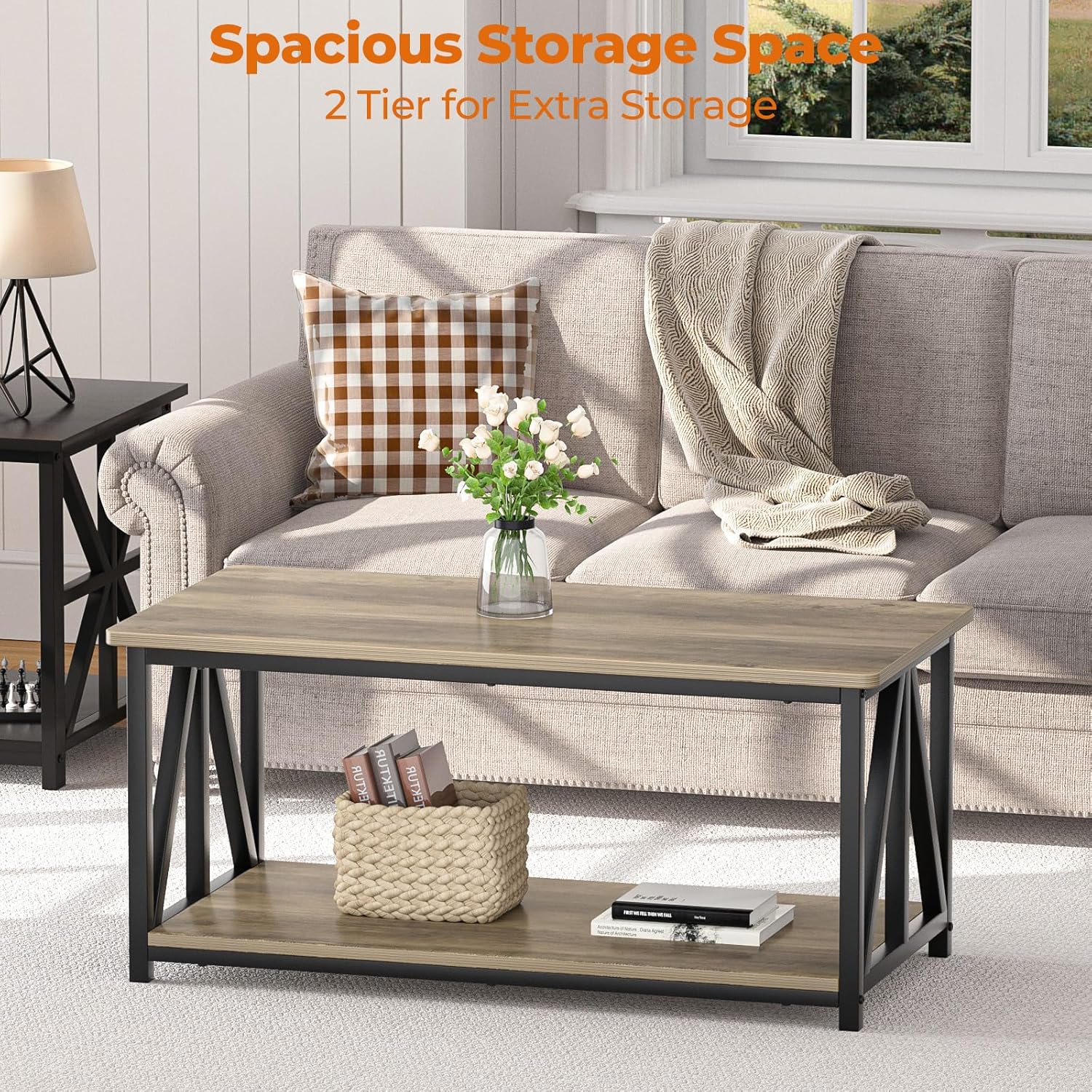 Modern Farmhouse Coffee Table with 2 Tier Storage and Round Edges
