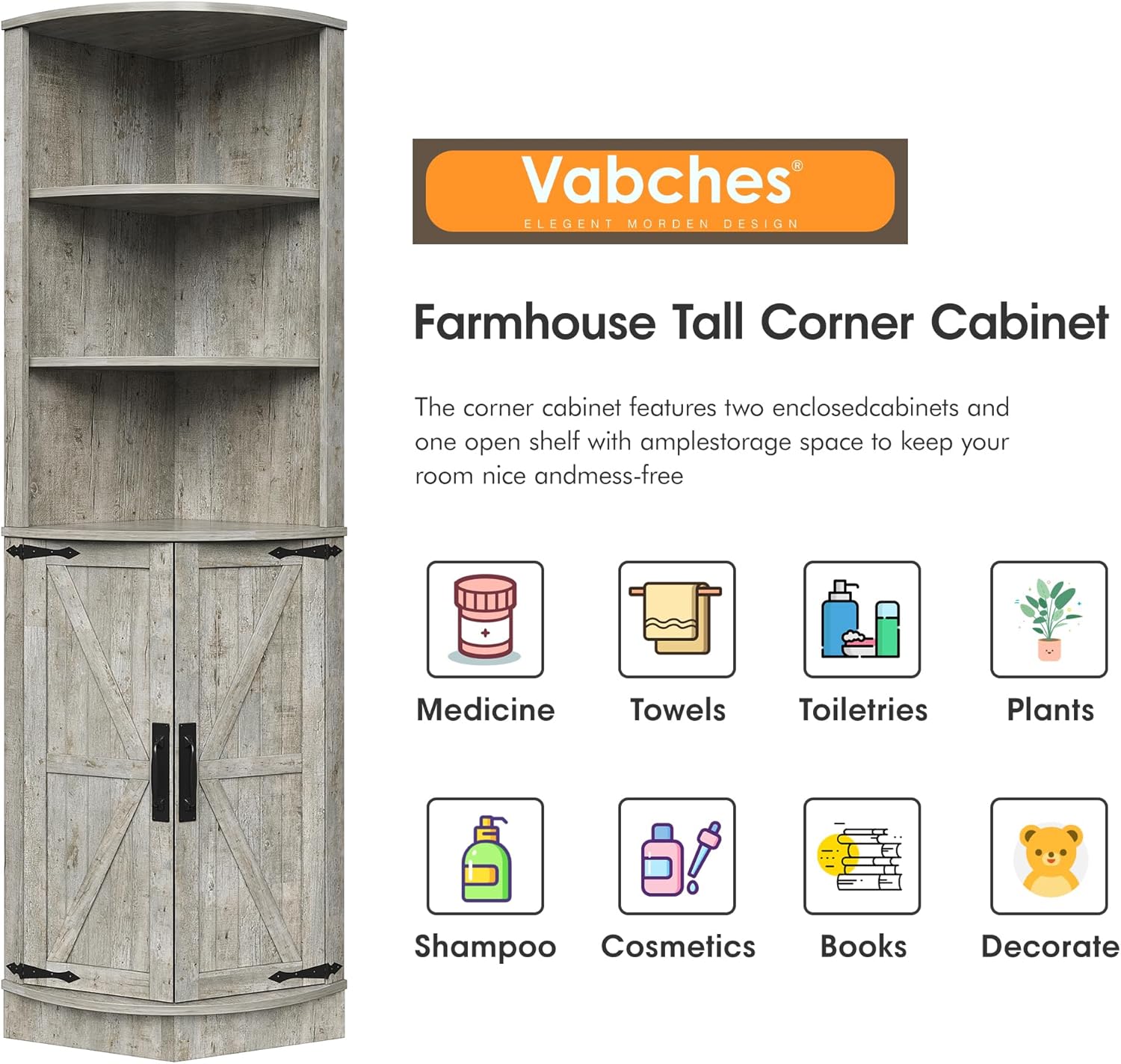Vabches 648 Tall Farmhouse Corner Cabinet with Storage Shelves