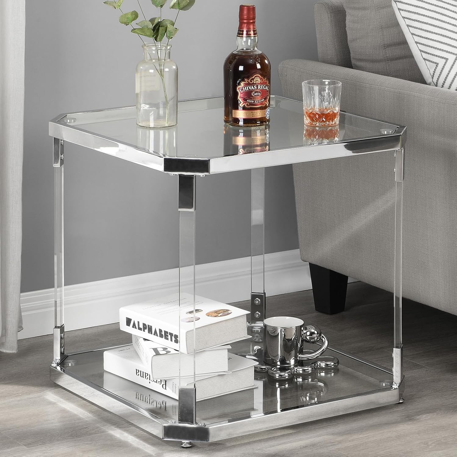 Silver Square Glass Top Side Table - Modern Nightstand for Living Room and Bedroom