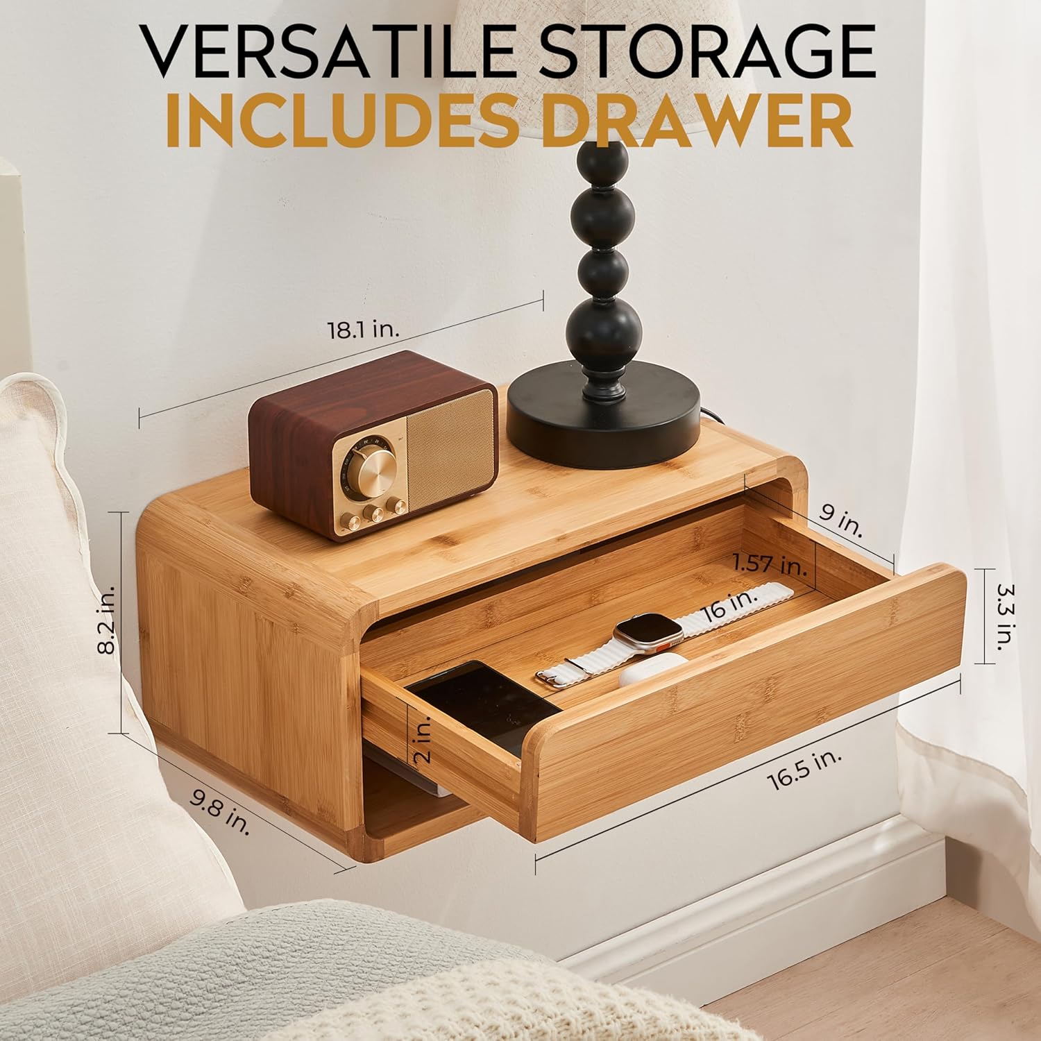 Bamboo Floating Nightstand with Drawer and Open Shelf