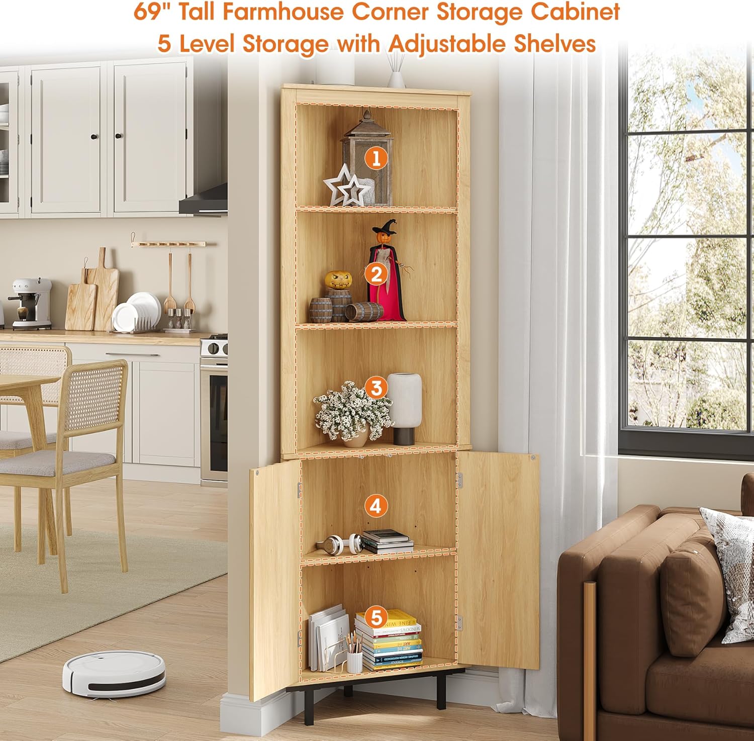 Maupvit Modern Boho Corner Shelf 69 Inch Storage Cabinet