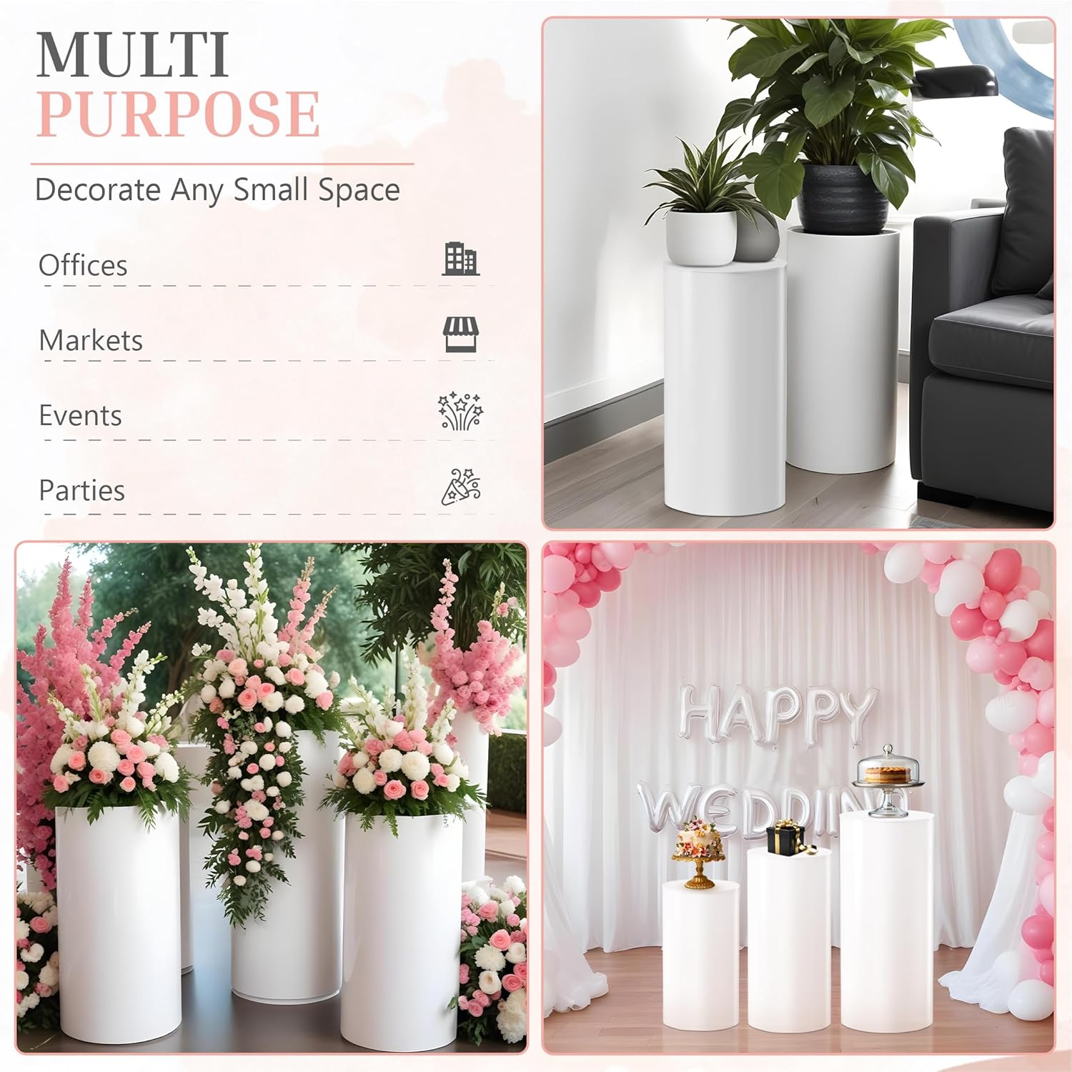 White Cylinder Pedestal Stands 3 Pieces Modern Party Decor