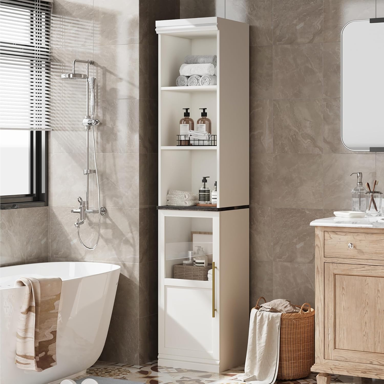 IDEALHOUSE 70 Inch Tall Narrow Bathroom Cabinet with Open Shelves