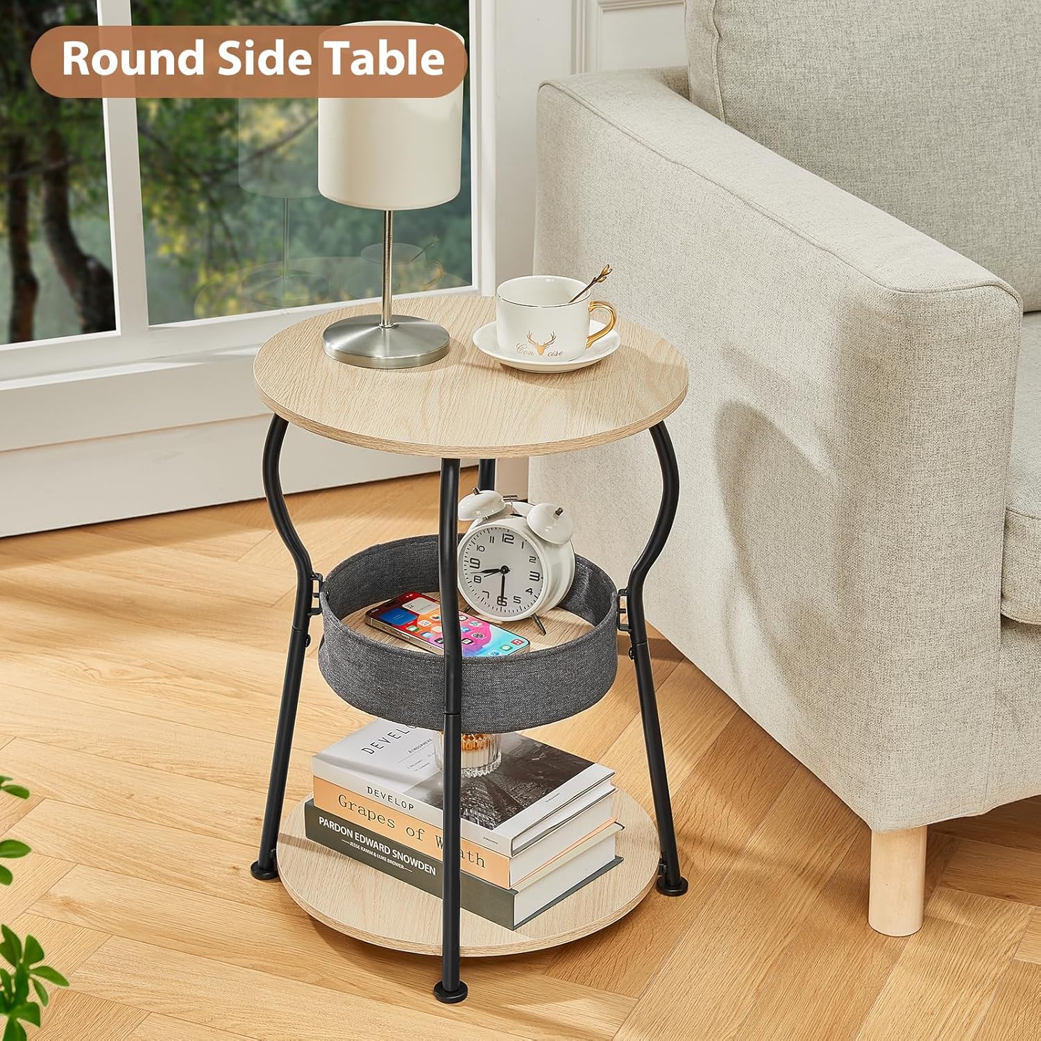 ZEXVIDA Small Round Side Table with Storage