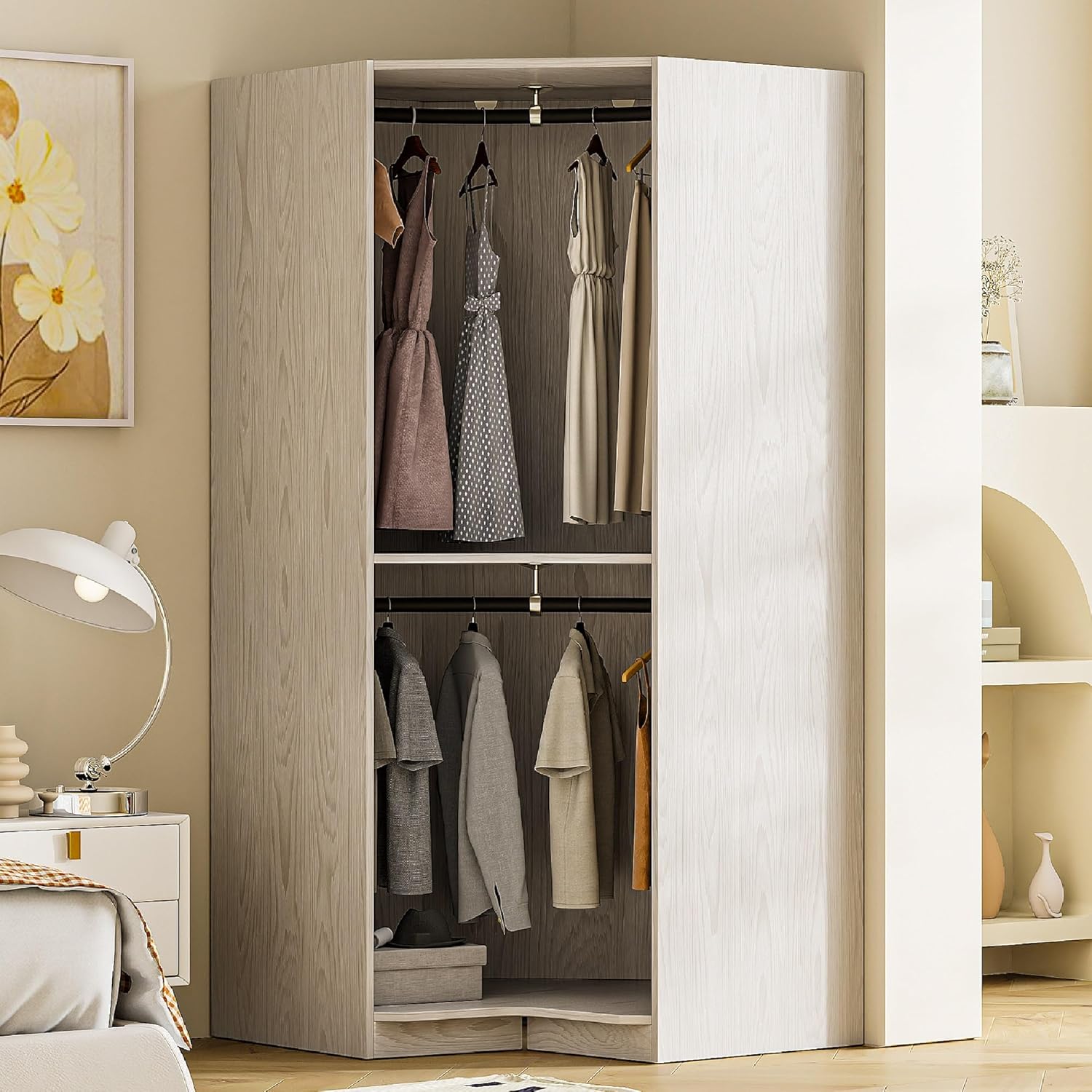Merax Corner Wardrobe Organizer with 2 Hanging Rails and Shelves