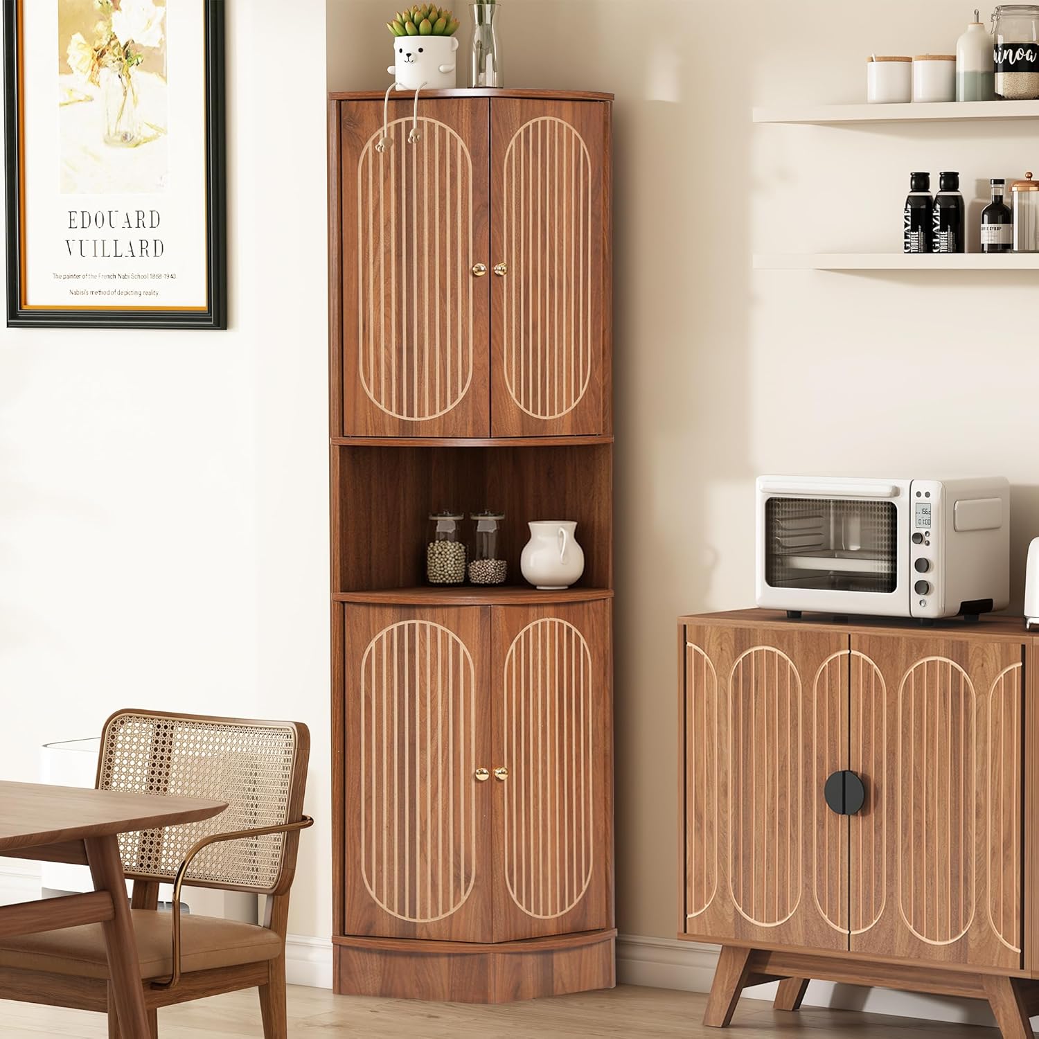 71 Inch Tall Corner Cabinet with Doors and 5-Tier Shelves in Walnut