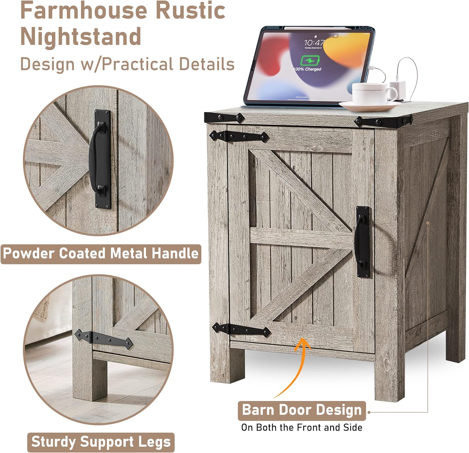 OKD Nightstand with Charging Station and Barn Door