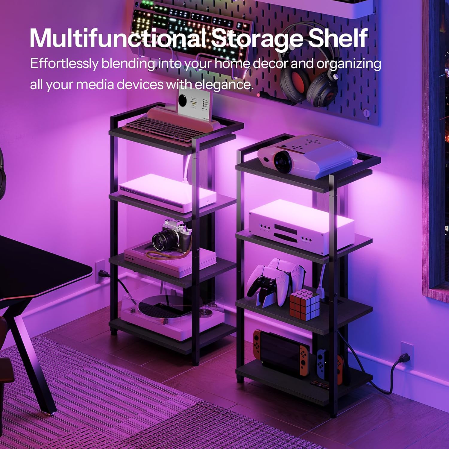 HOOBRO 4-Tier AV Media Console with LED Light and Charging Station Black