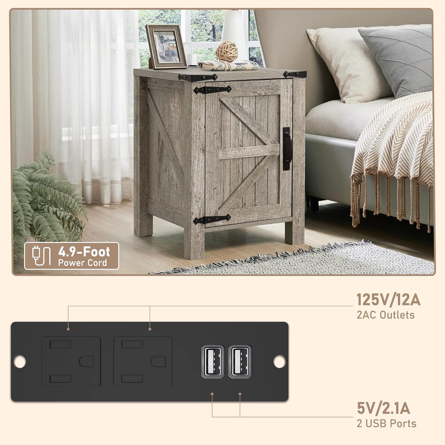 OKD Nightstand with Charging Station and Barn Door
