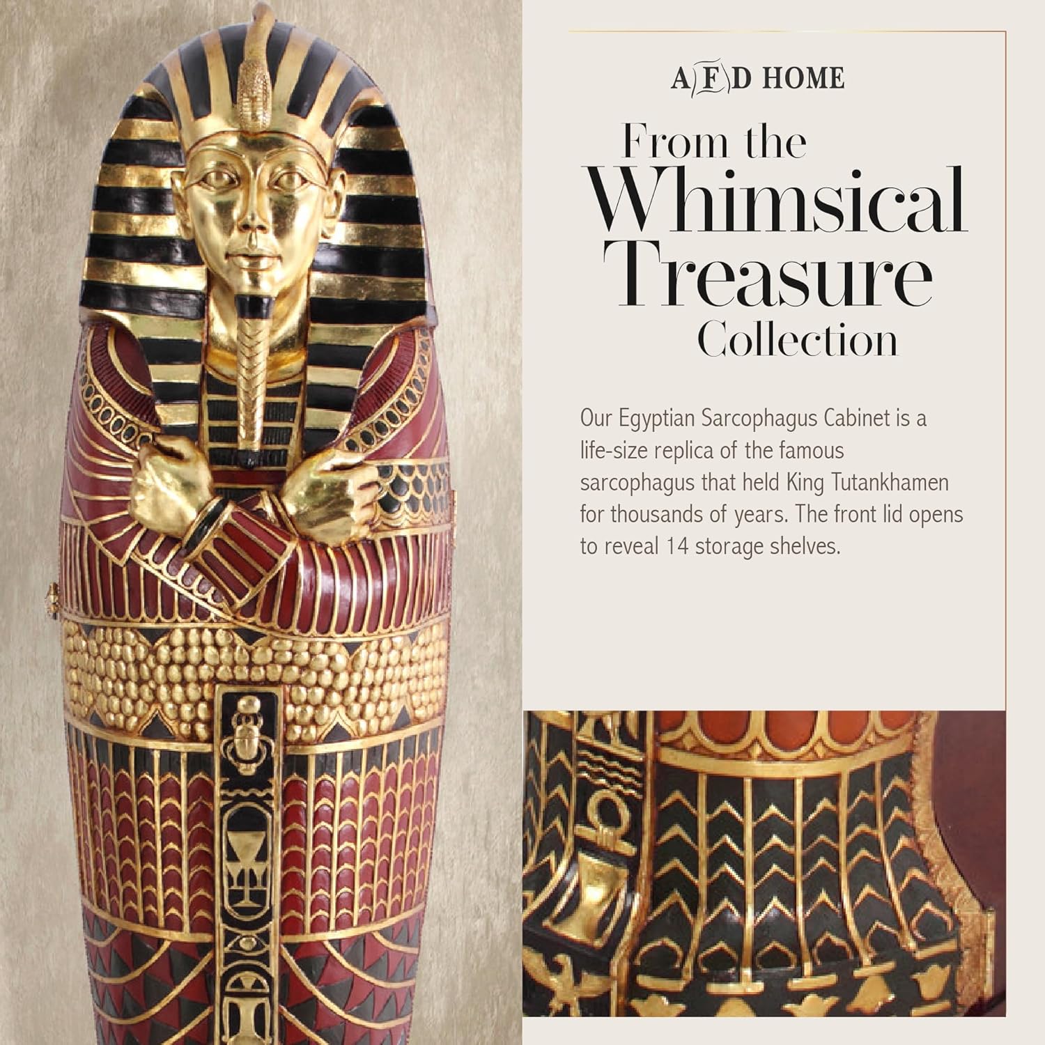 Egyptian Sarcophagus Cabinet with Shelves