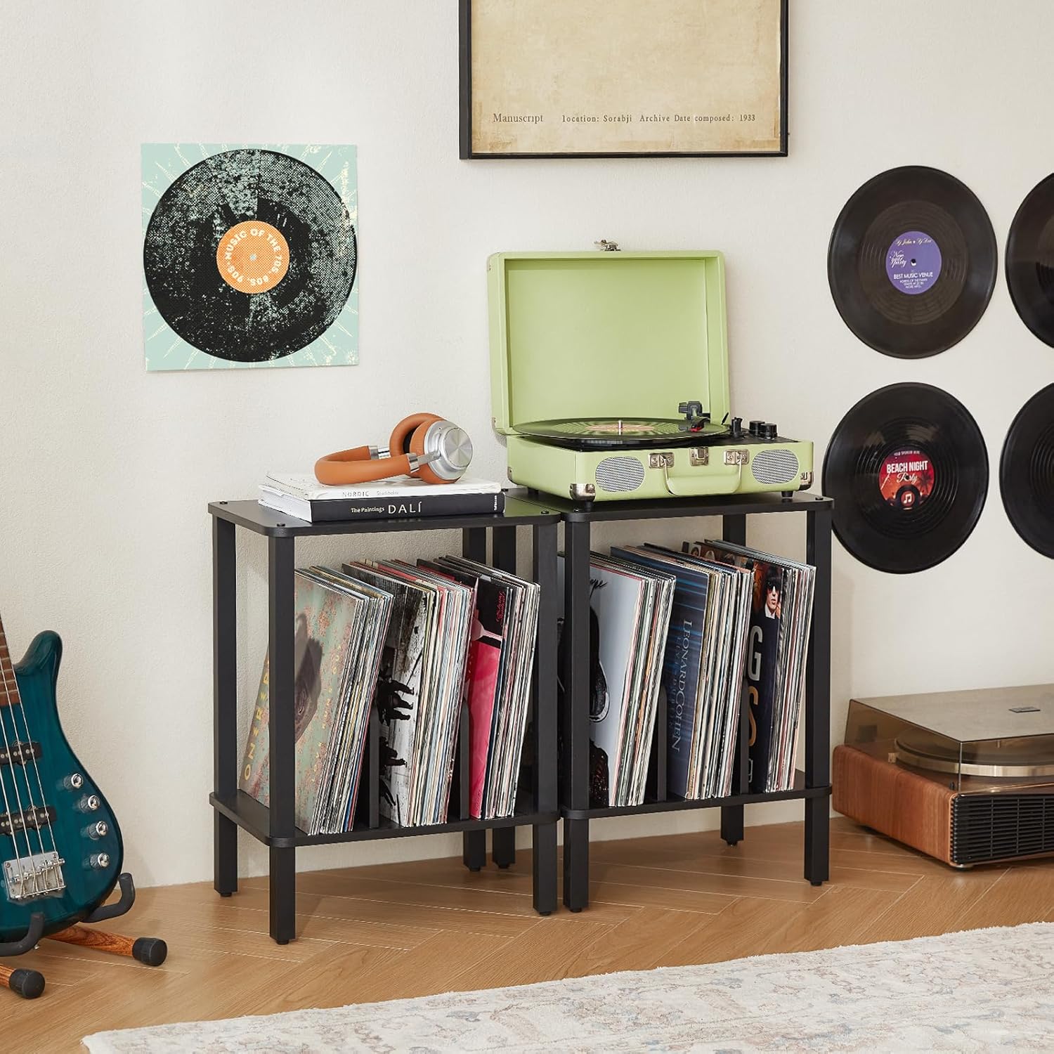 LELELINKY 2-Tier Record Player Stand with Storage for 100 Albums Black