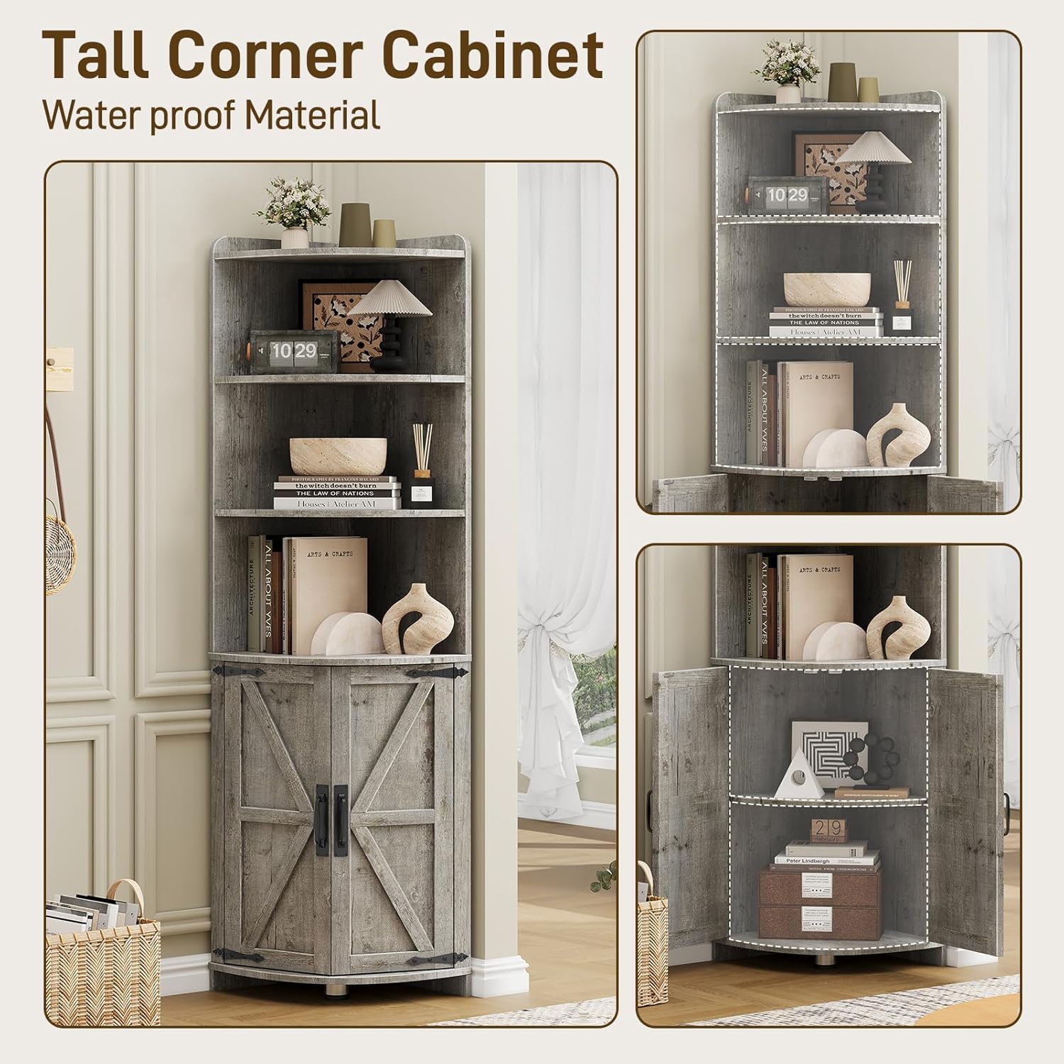 Vabches Tall Corner Cabinet with Barn Door Design Grey