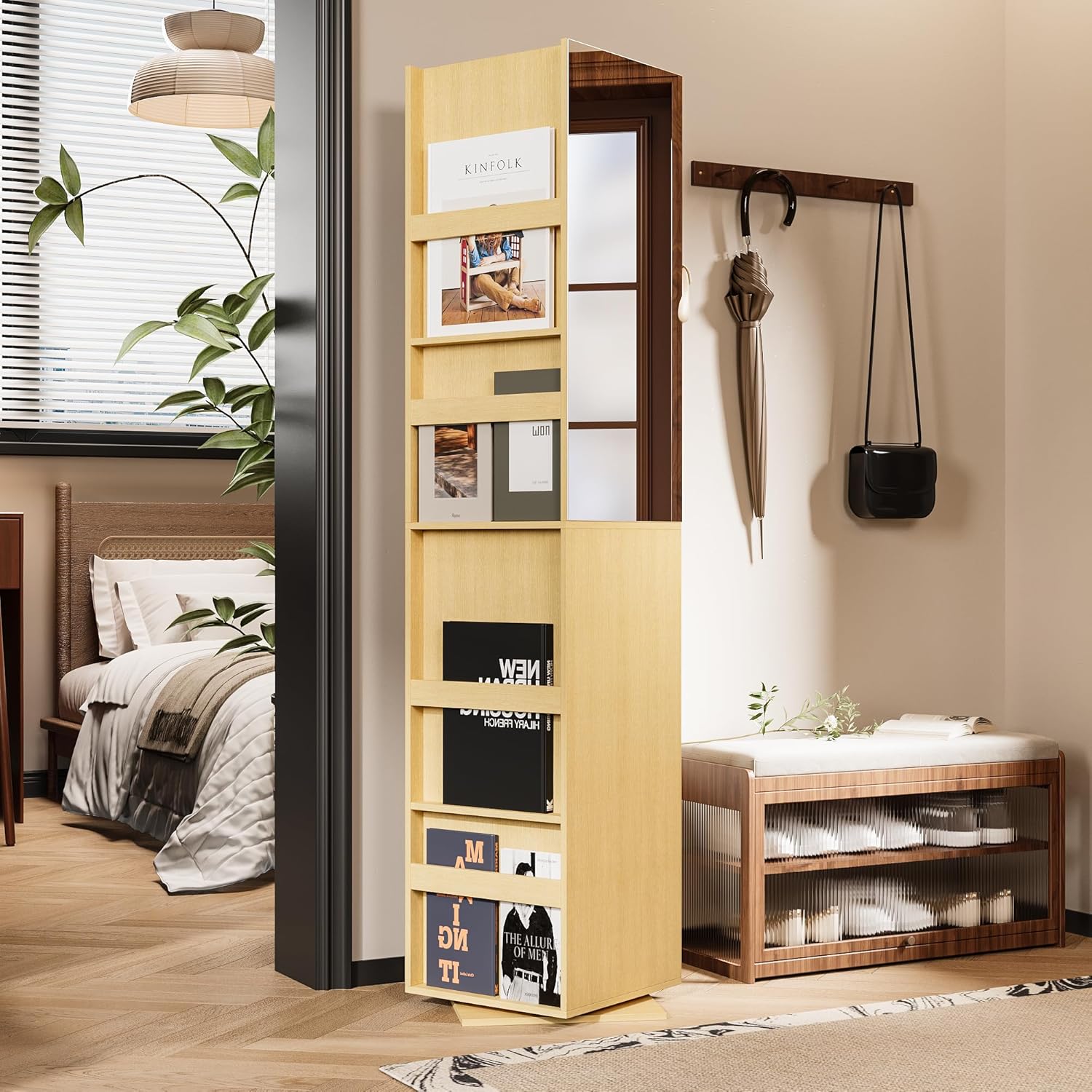 Rotating Storage Cabinet with Mirror Narrow Corner Bookshelf Entryway Organizer 4 Hooks 2 Drawers Beige 138x138x648