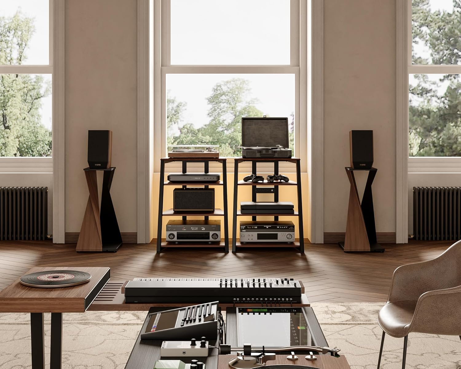 FITUEYES 4-Tier AV Media Stand with LED Backlight for Record Player and Xbox One