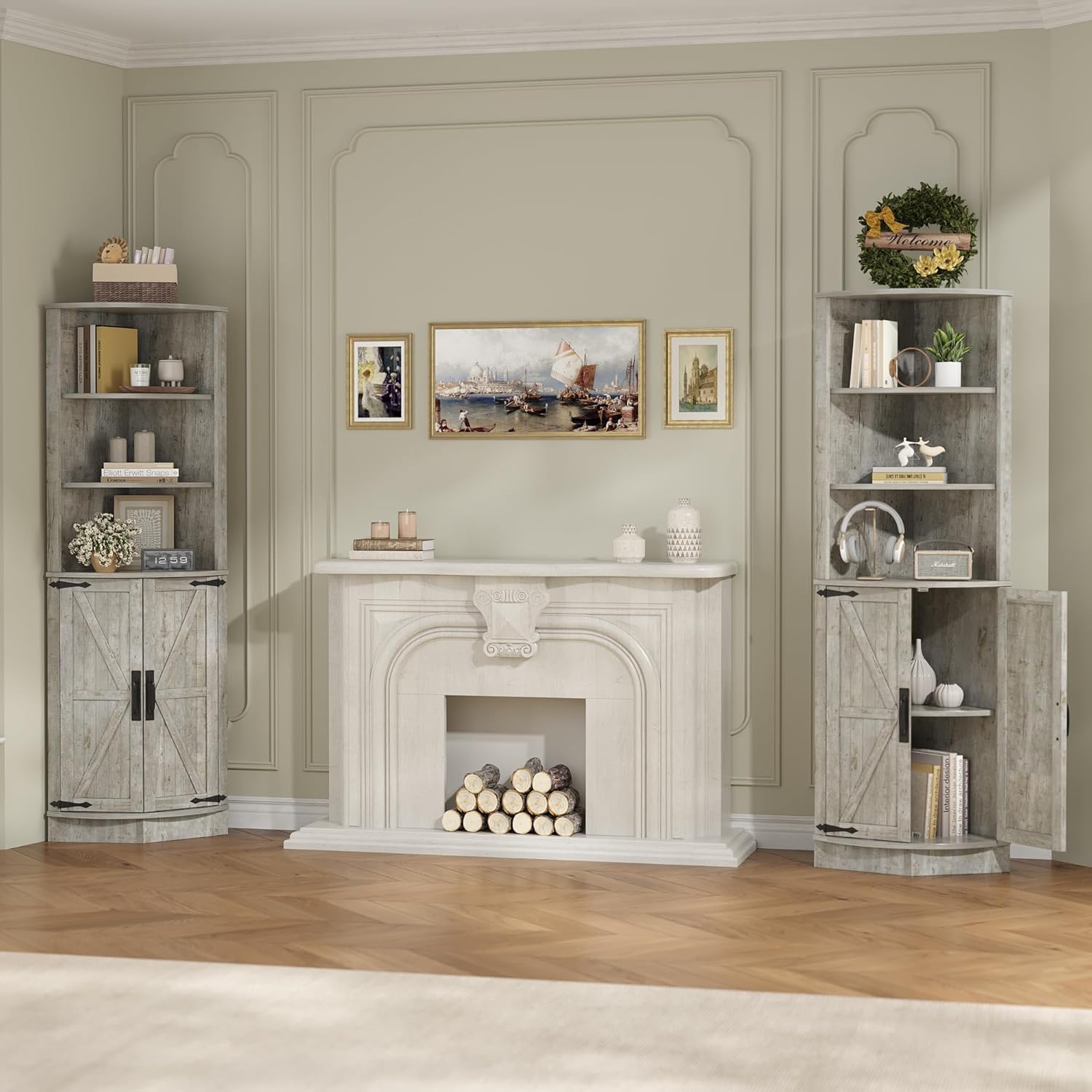 Vabches 648 Tall Farmhouse Corner Cabinet with Storage Shelves