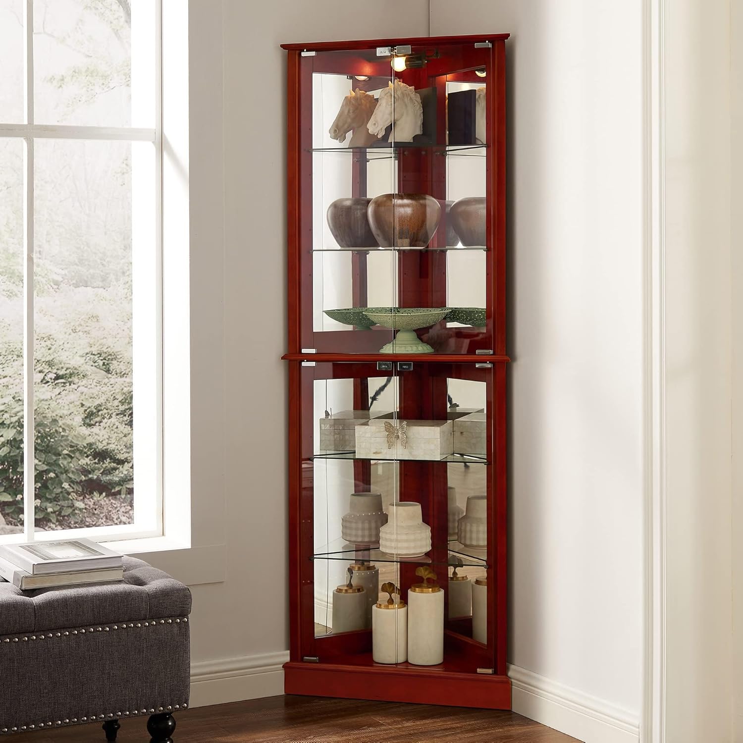 6 Shelves Corner Curio Cabinet with Lighting and Mirrored Back
