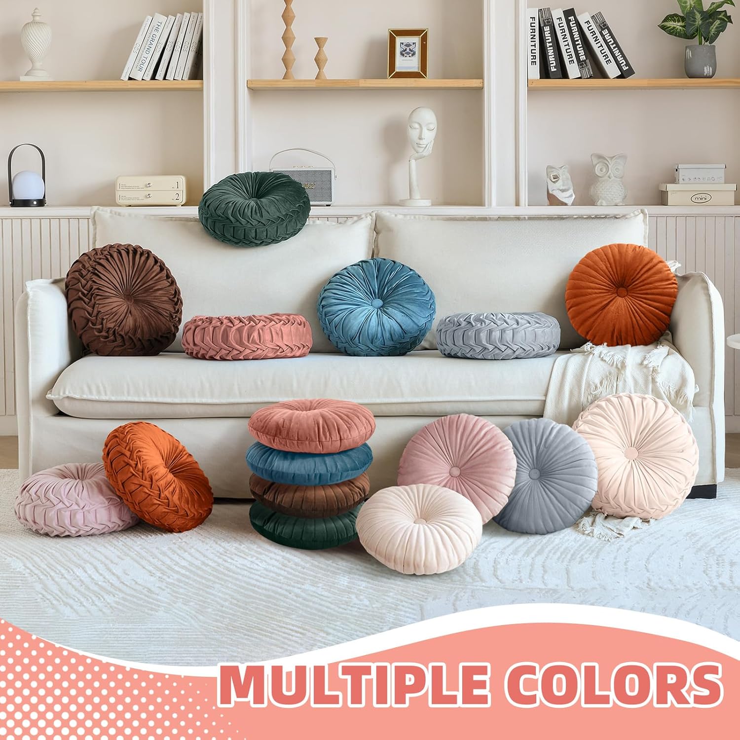 2 Pcs Round Velvet Throw Pillows Pumpkin Shape Floor Cushion for Living Room