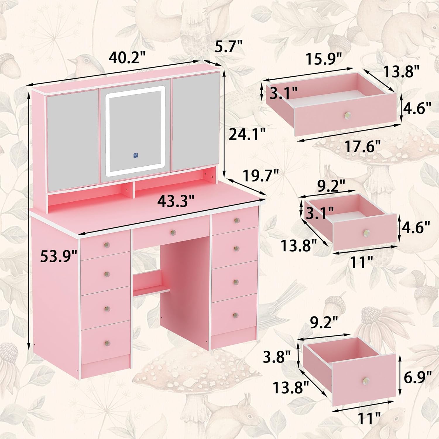 Timechee Vanity Mirror with 9 Drawers and 3 Color Lights