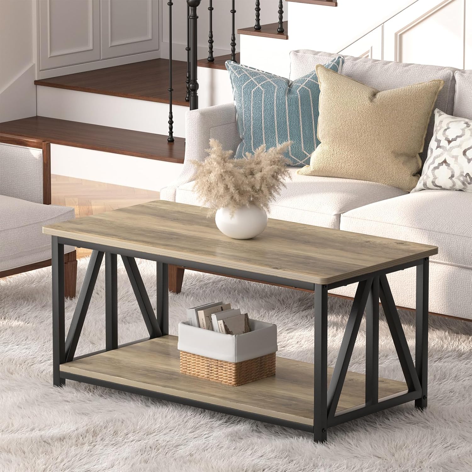 Modern Farmhouse Coffee Table with 2 Tier Storage and Round Edges
