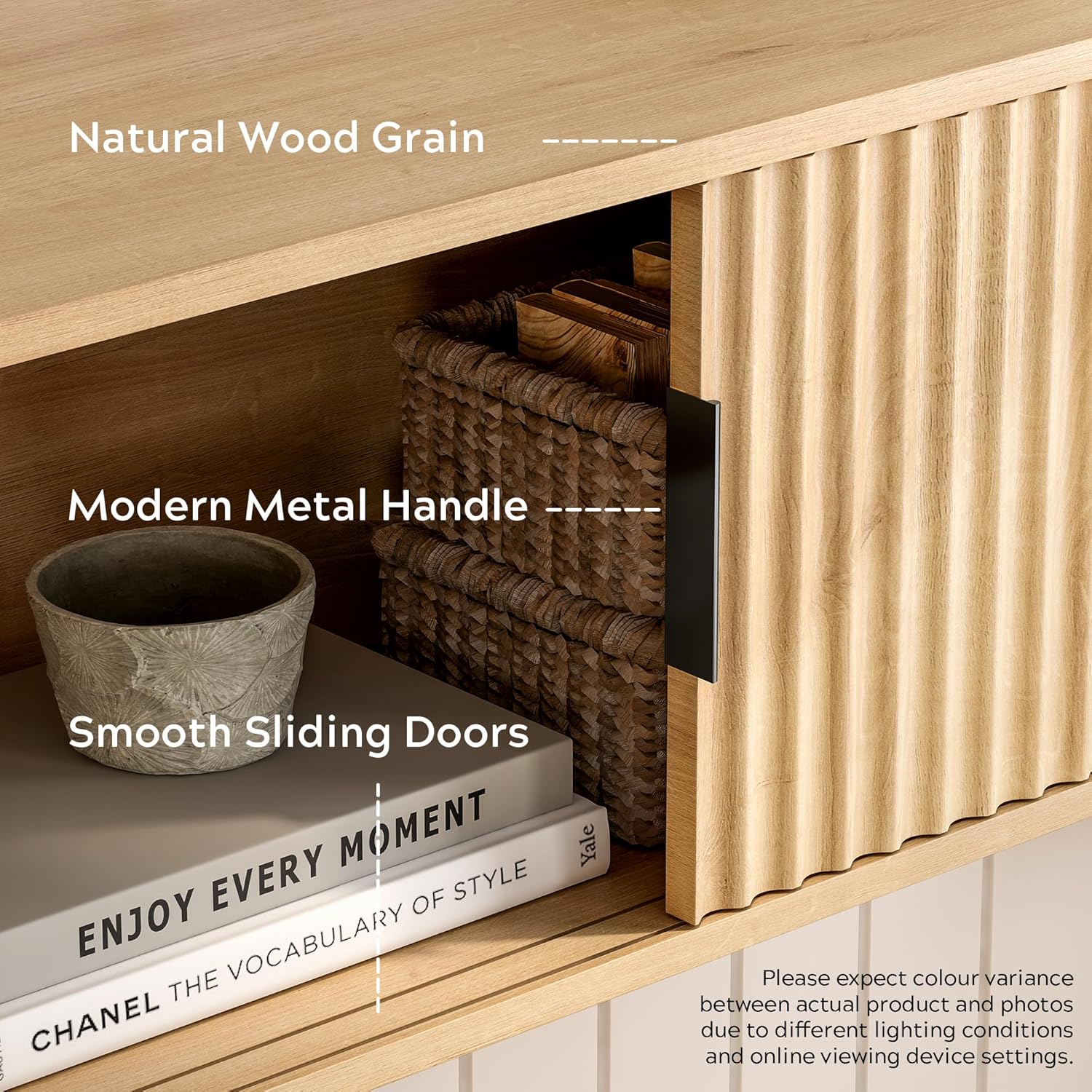 Fluted Wall Cabinet with Sliding Doors Natural Oak