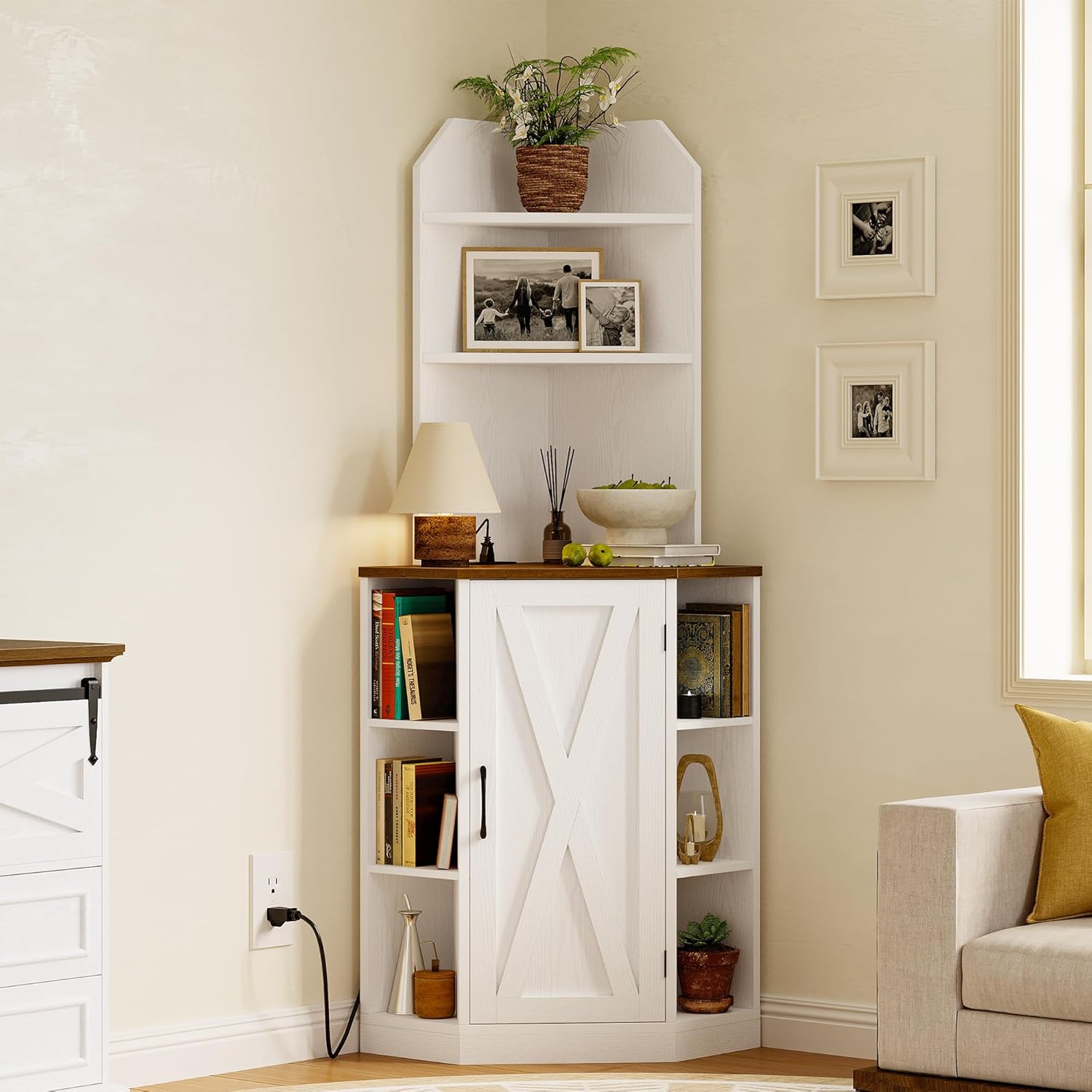 IRONCK Tall Corner Cabinet with USB Charging Station