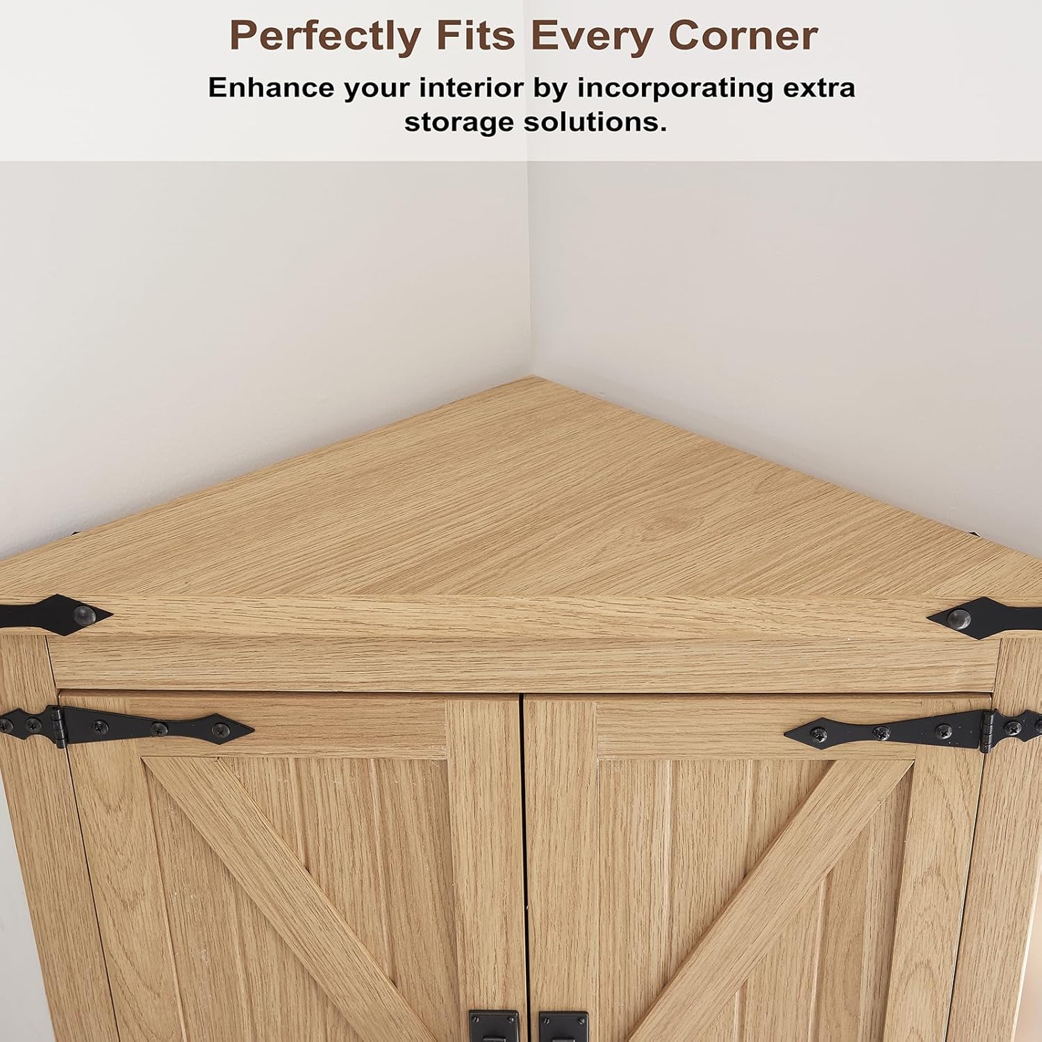 Tall Farmhouse Corner Cabinet with 4 Doors and Adjustable Shelves