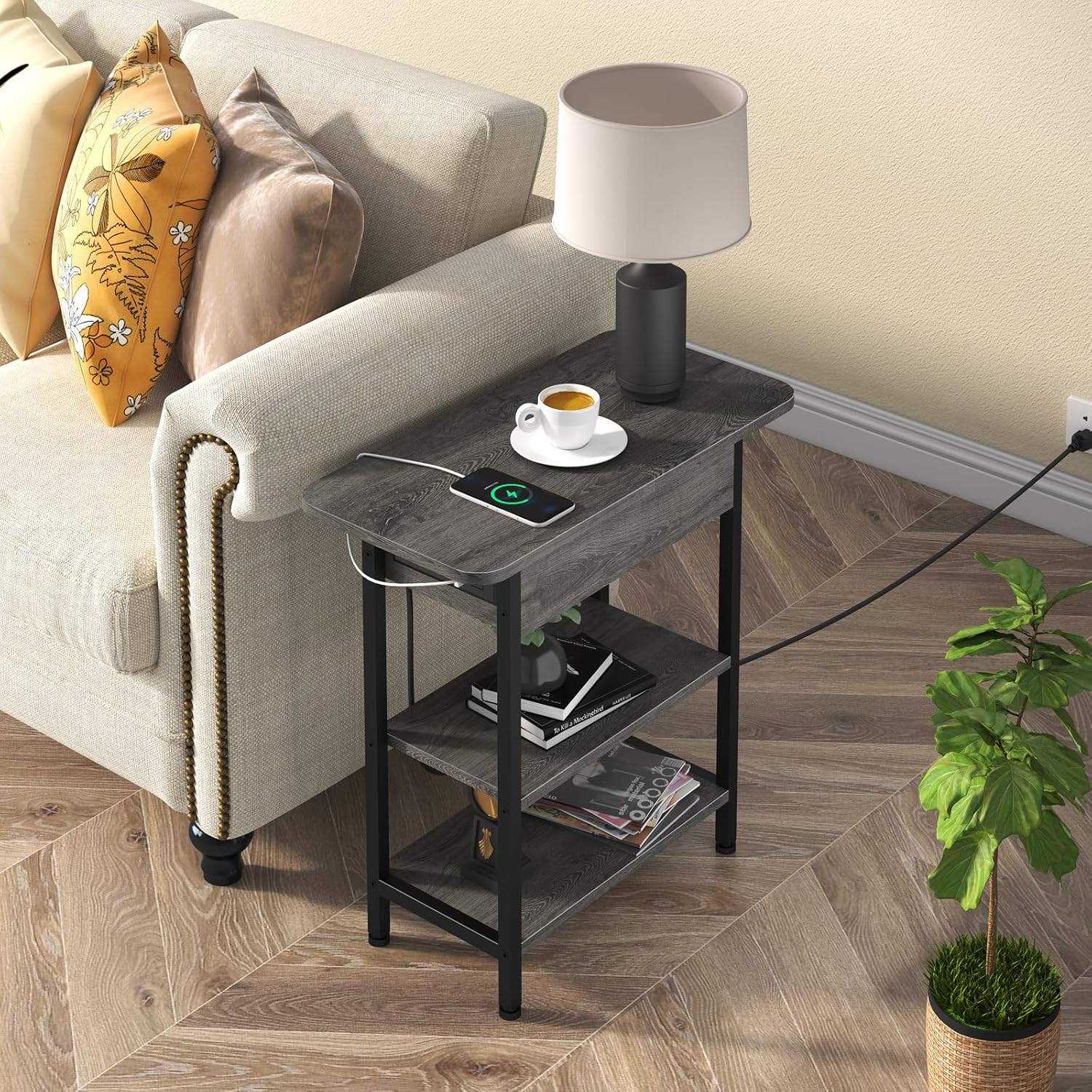 LIDYUK End Table with Charging Station USB Ports and Outlets Flip Top Side Table for Small Spaces Dark Grey