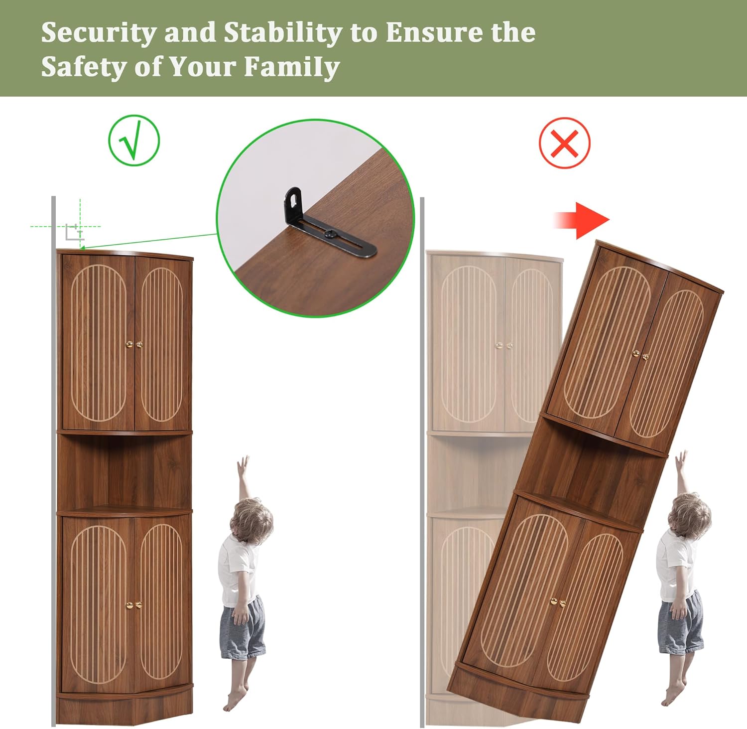 71 Inch Tall Corner Cabinet with Doors and 5-Tier Shelves in Walnut
