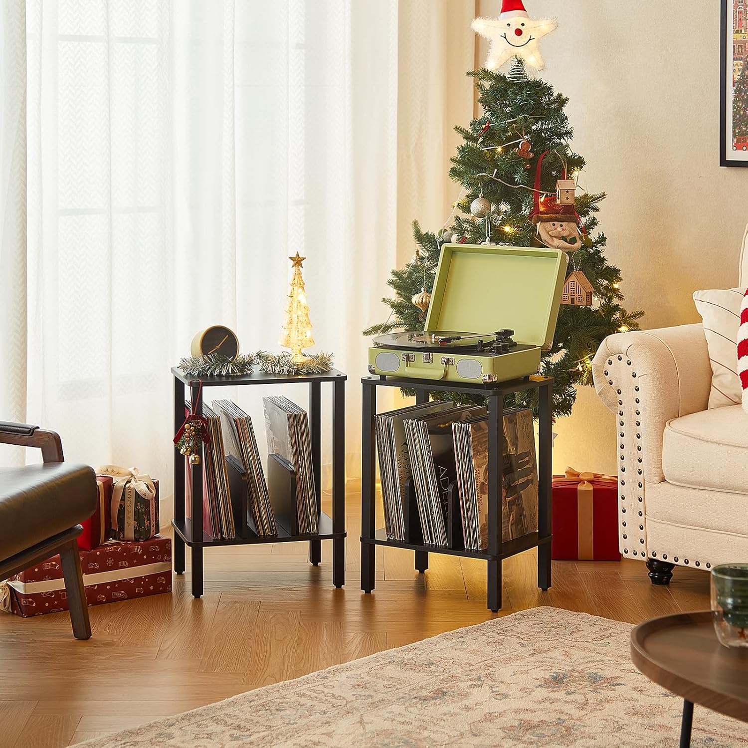 LELELINKY 2-Tier Record Player Stand with Storage for 100 Albums Black