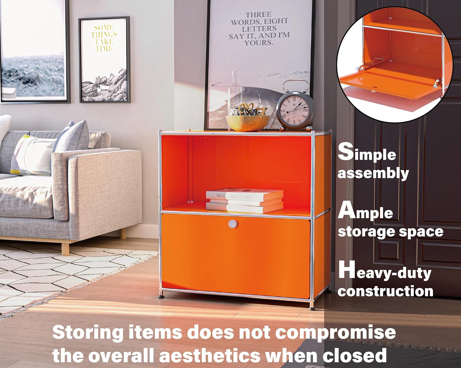 325 Inch Flip Top Side Table with Detachable Wheels and Storage - Modern Orange Bedroom Furniture