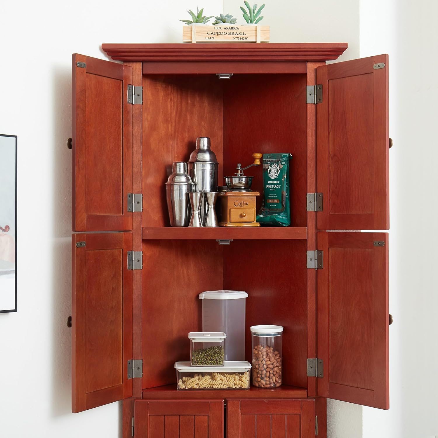 Softsea 4-Tier Corner Kitchen Pantry Cabinet with 8 Doors 72 Tall Cherry Hutch