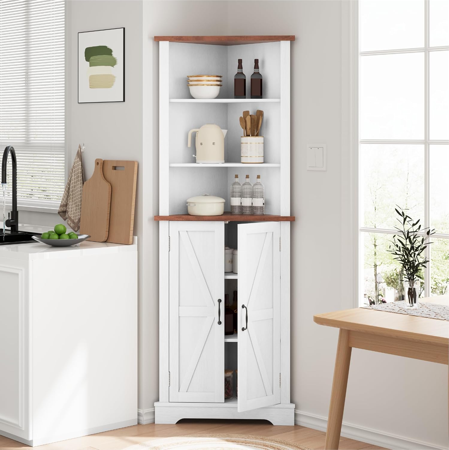 Smuxee Tall Corner Storage Cabinet with Barn Door and Adjustable Shelves