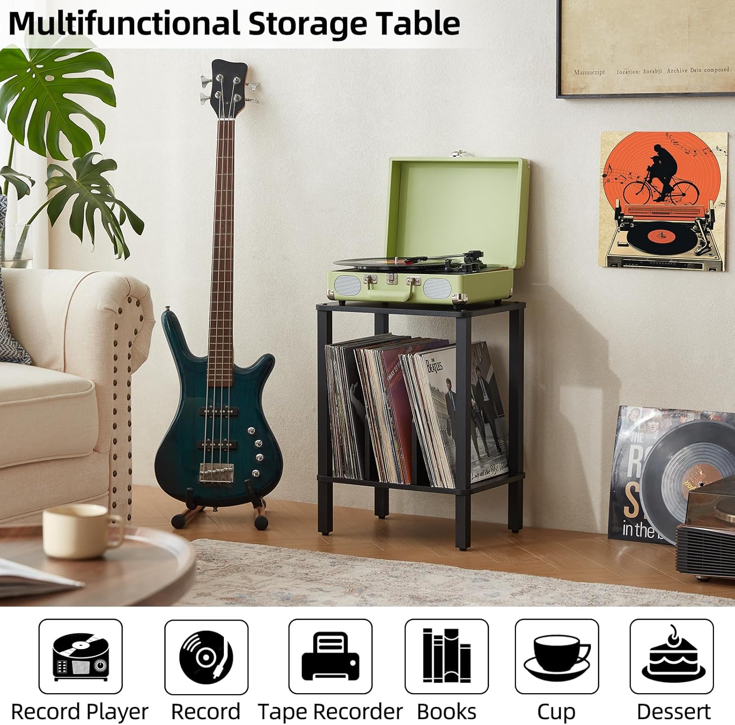 LELELINKY 2-Tier Record Player Stand with Storage for 100 Albums Black