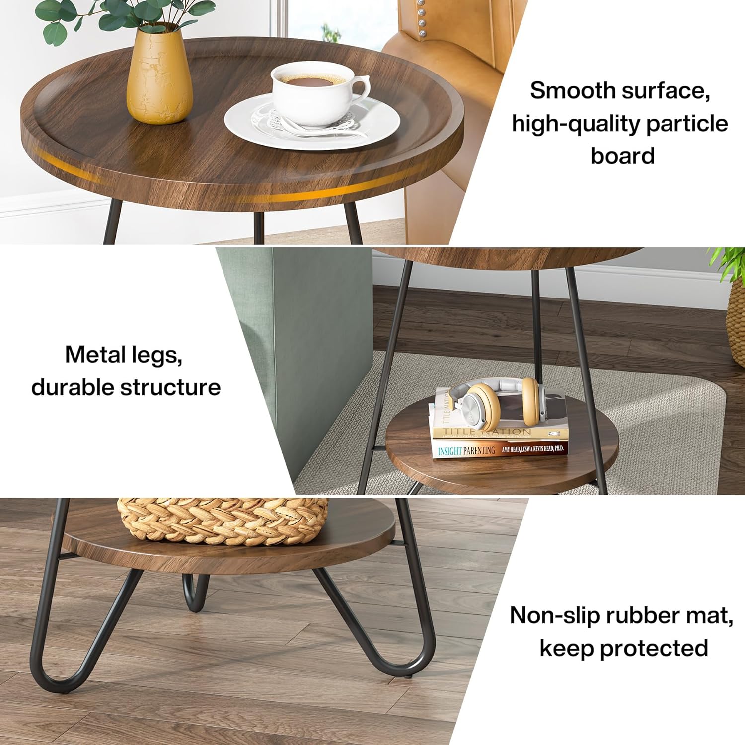 Tribesigns Round Side Table with Metal Legs 2-Tier End Table Modern Industrial Brown