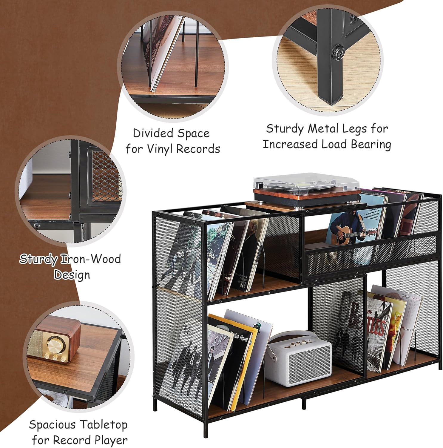 Large Record Player Stand with Vinyl Storage Cabinet
