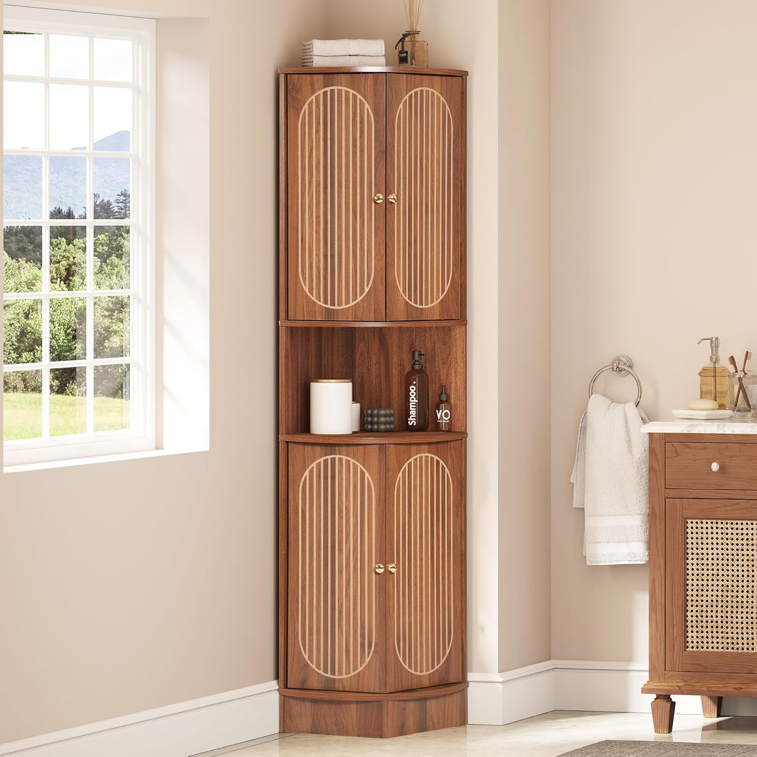 71 Inch Tall Corner Cabinet with Doors and 5-Tier Shelves in Walnut