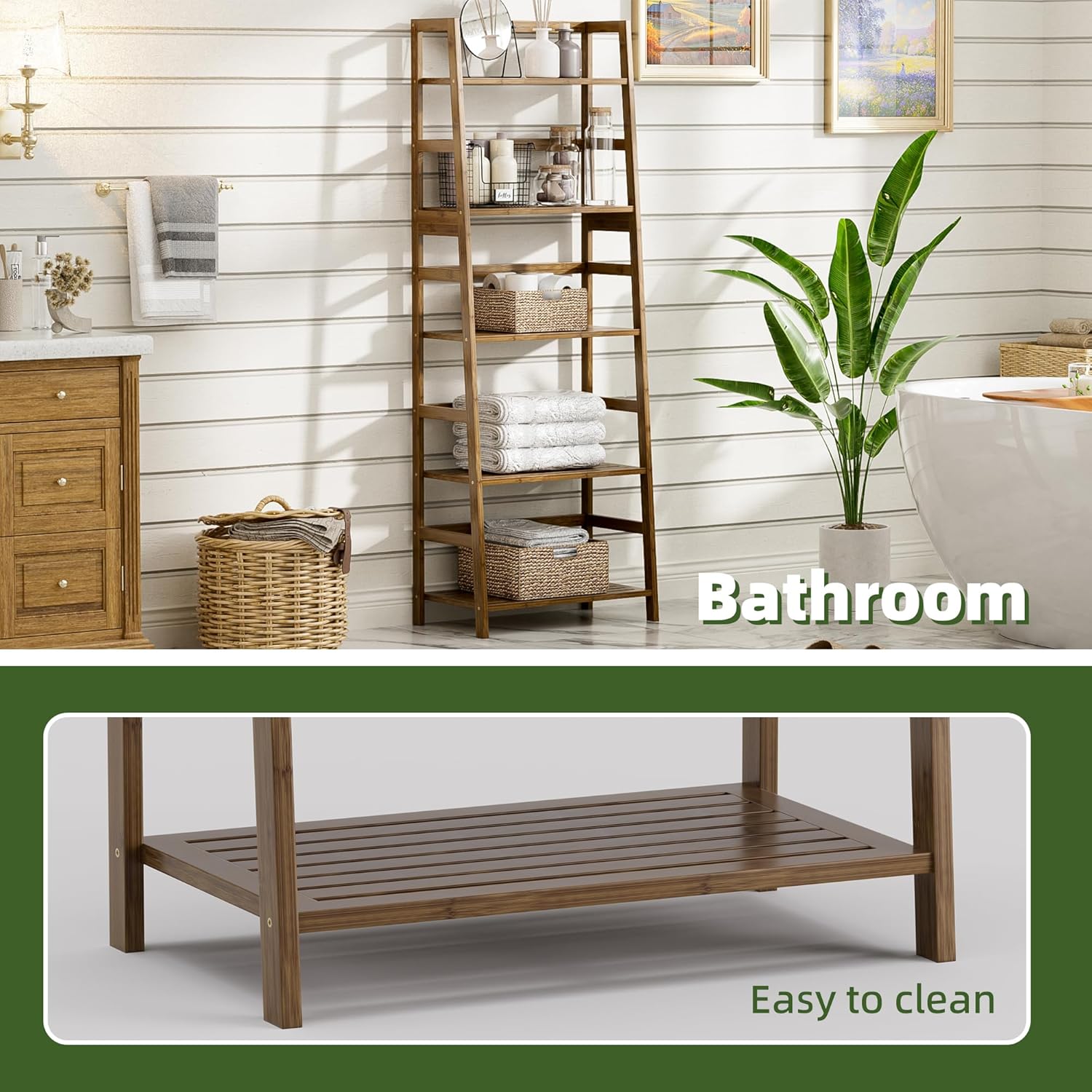 Vovala 5-Tier Bamboo Bookshelf with Modern Ladder Design