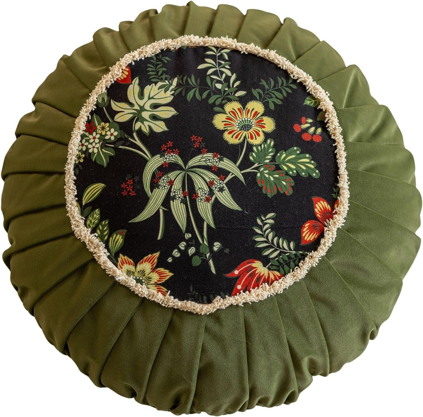 Vctops Round Throw Pillow with Zipper Vintage Floral Velvet Cushion 18 Inch