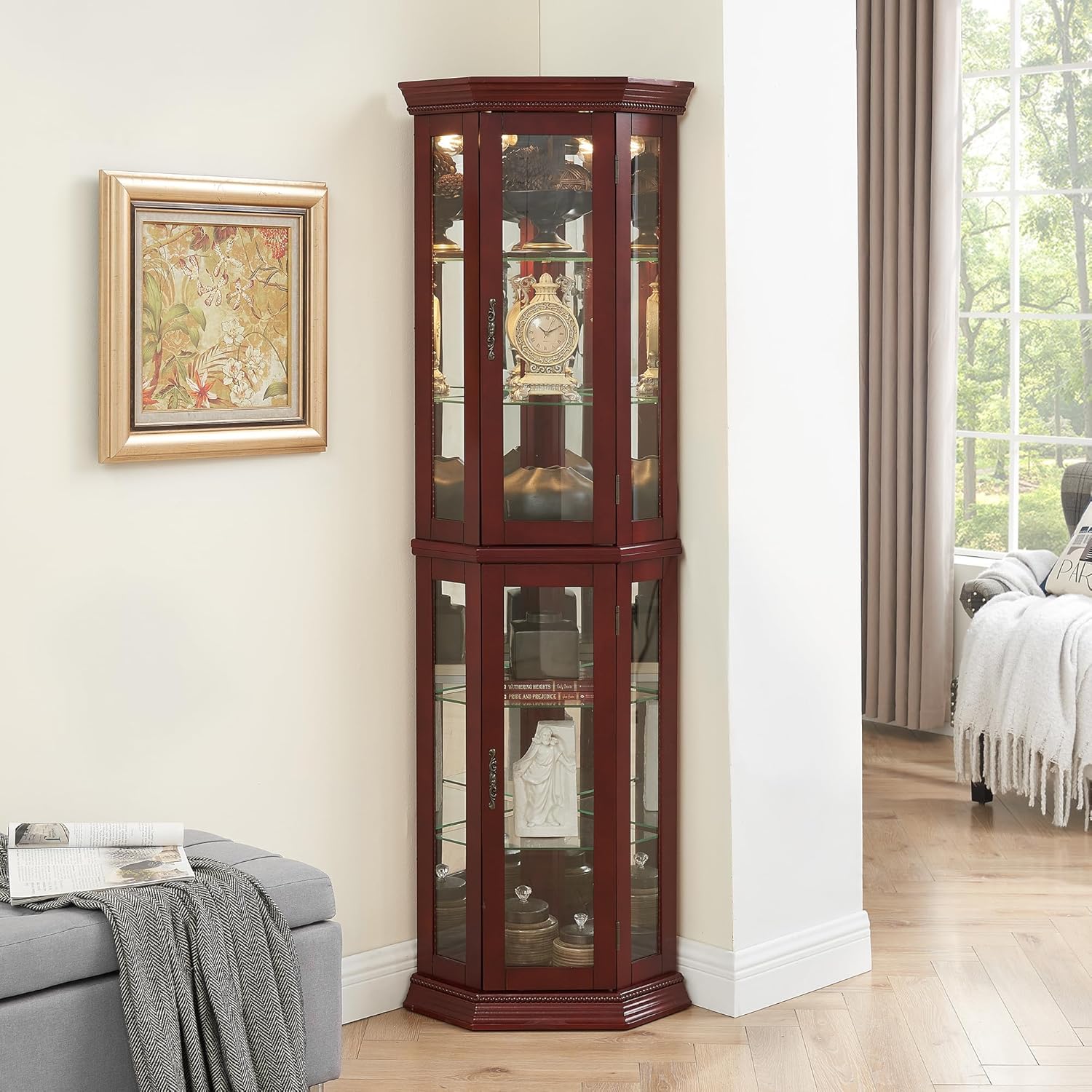 Goujxcy Lighted Corner Curio Cabinet with Mirrored Back Panel