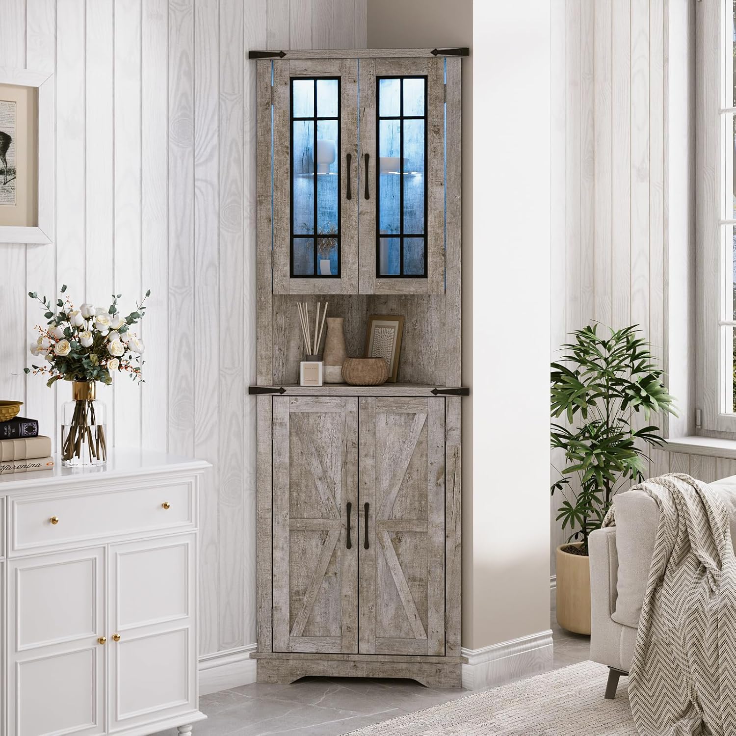 Farmhouse Corner Cabinet with LED Light