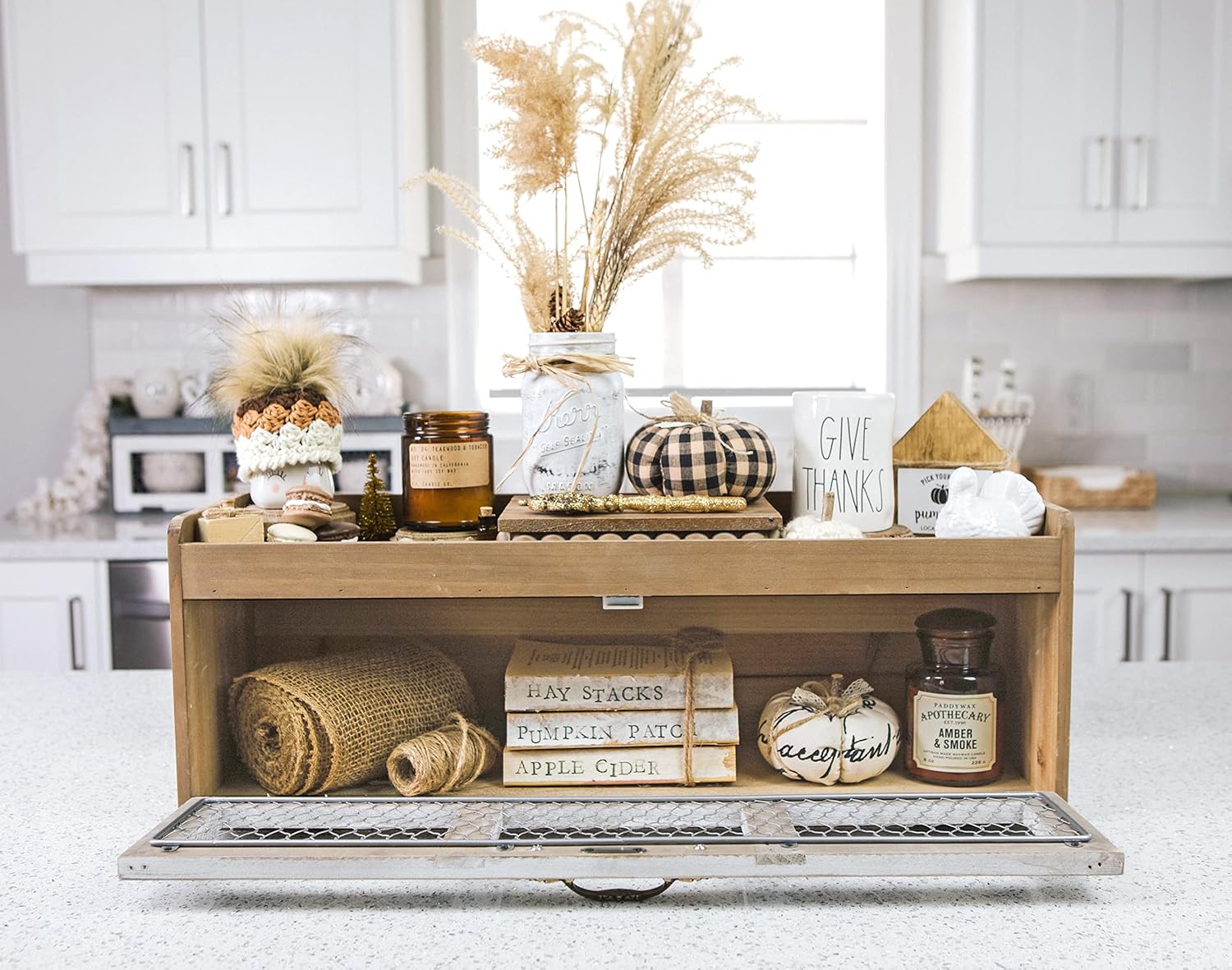 Farmhouse Chicken Wire Countertop Shelving Organizer - Rustic Kitchen Storage Cabinet - Decorative Pantry Display