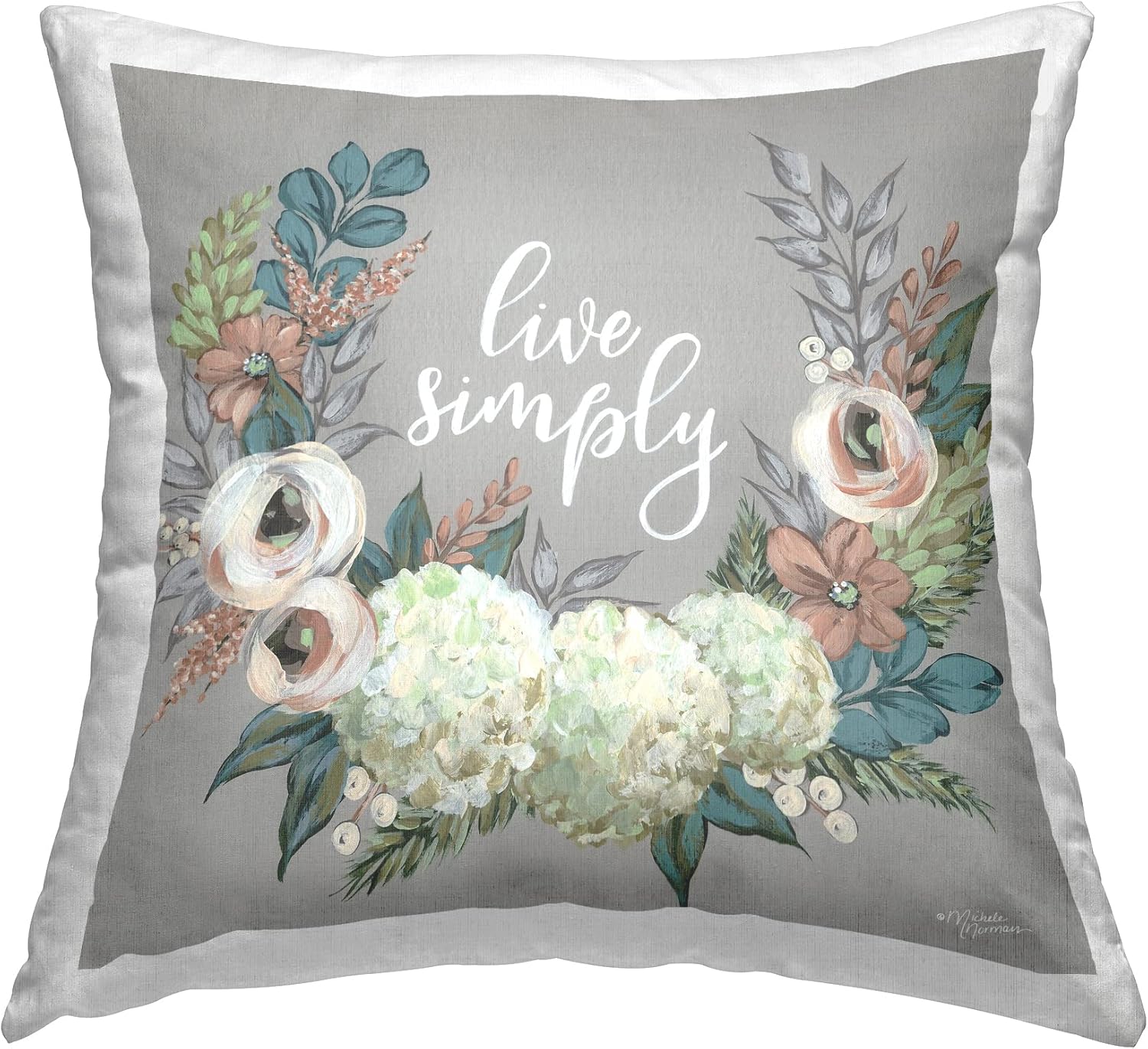 Stupell Industries Live Simply Blooming Floral Throw Pillow 18x18 Grey