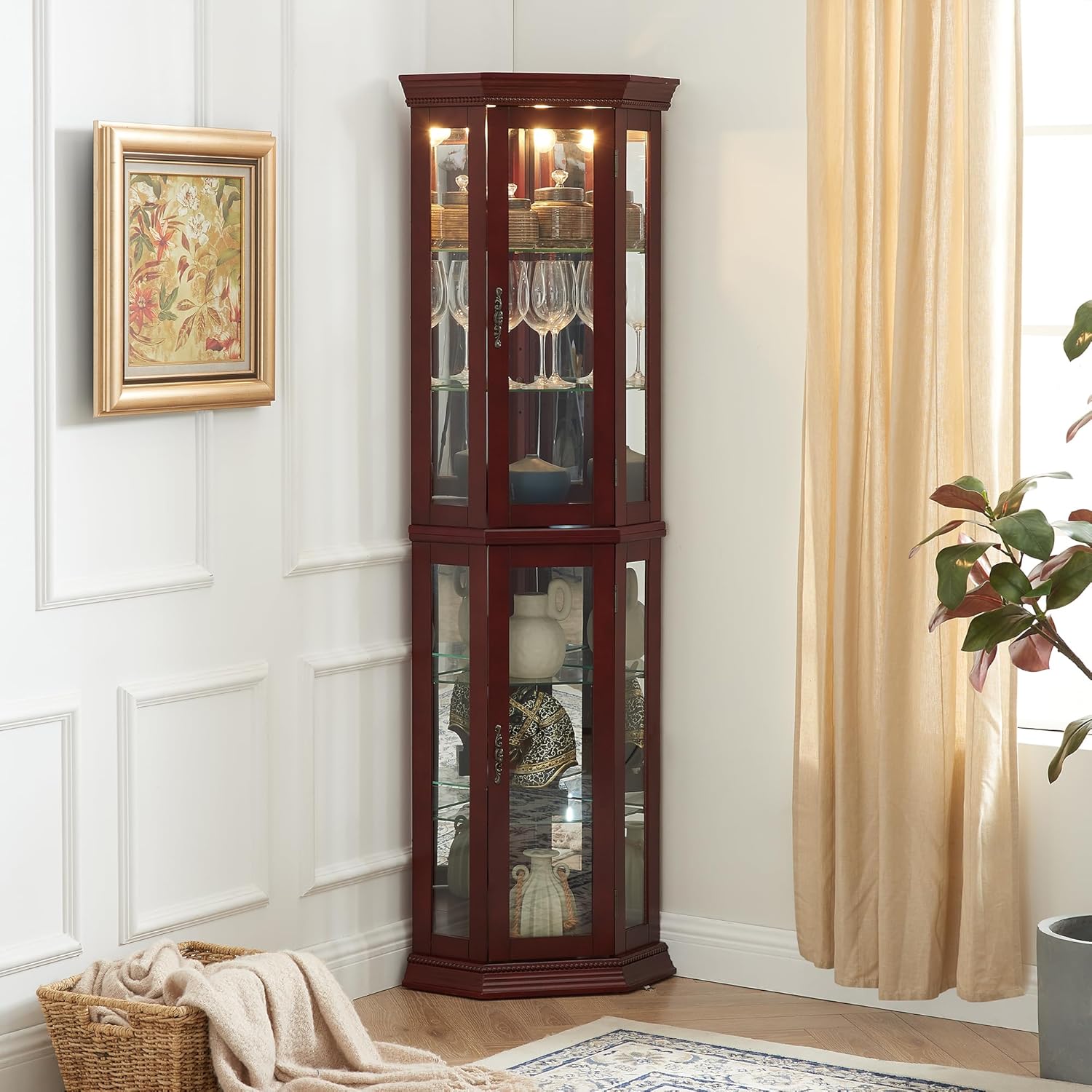 Lighted Corner Cabinet with Glass Doors and Adjustable Shelves