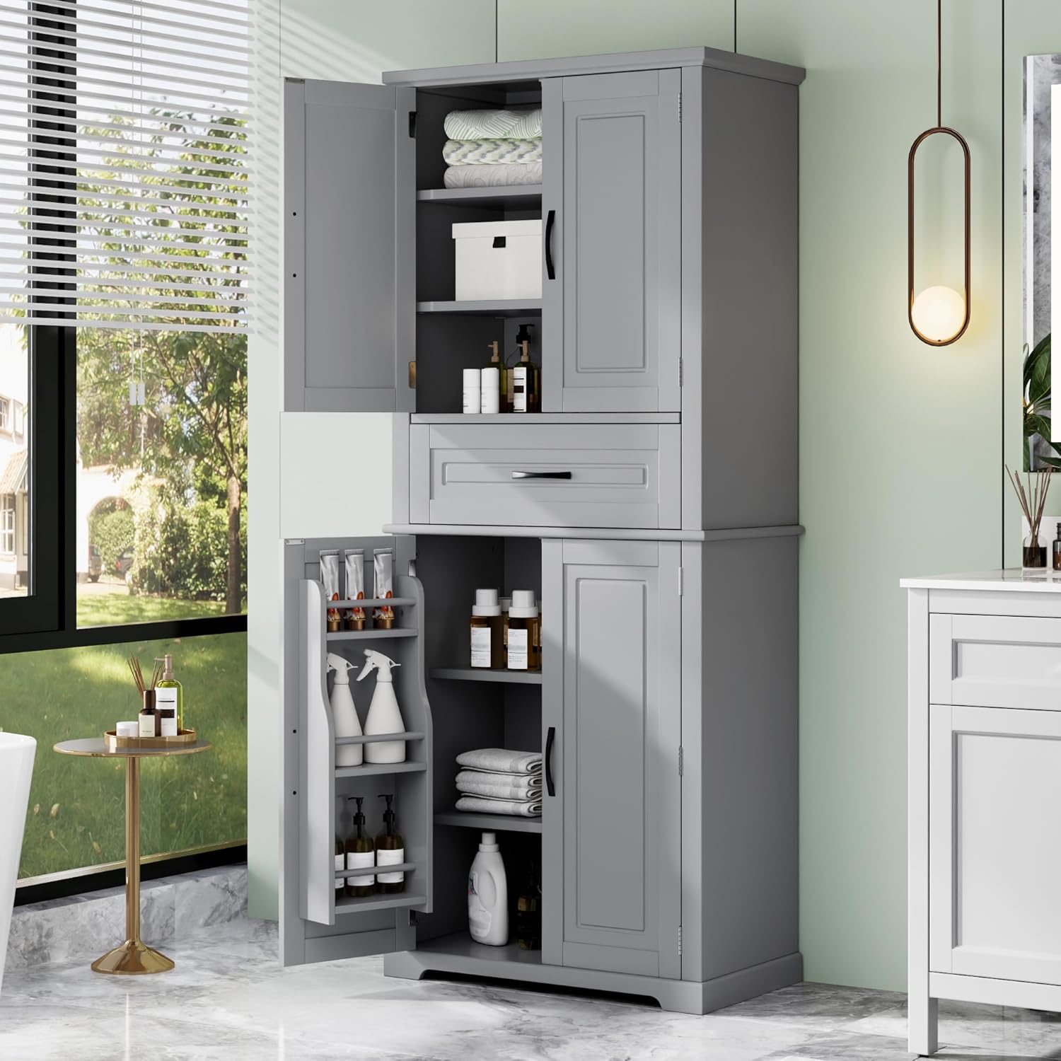 Tall Bathroom Storage Cabinet with Adjustable Shelves and Drawer