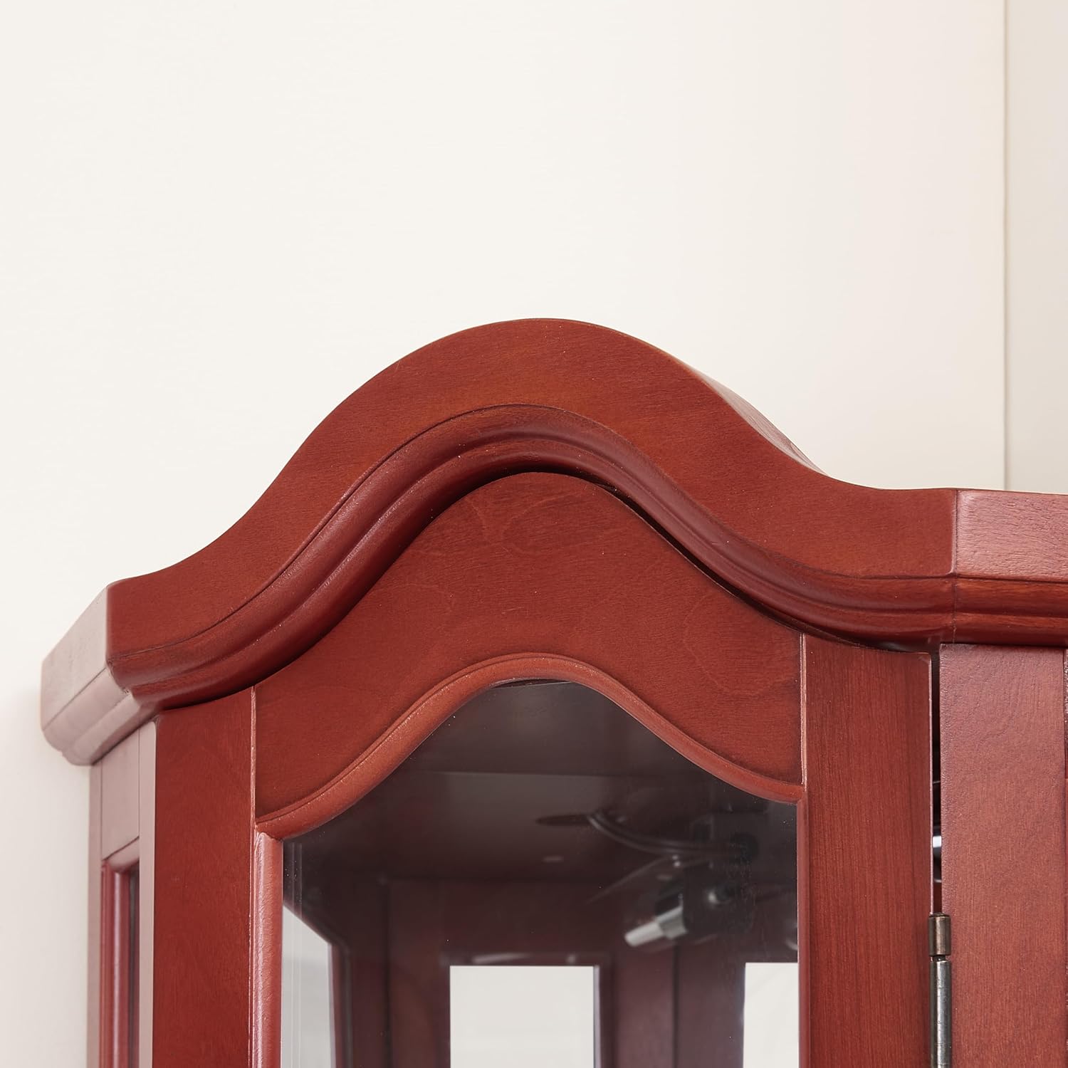 Maximize Space with Lighted Glass Curio Cabinet Corner Design Cherry Finish