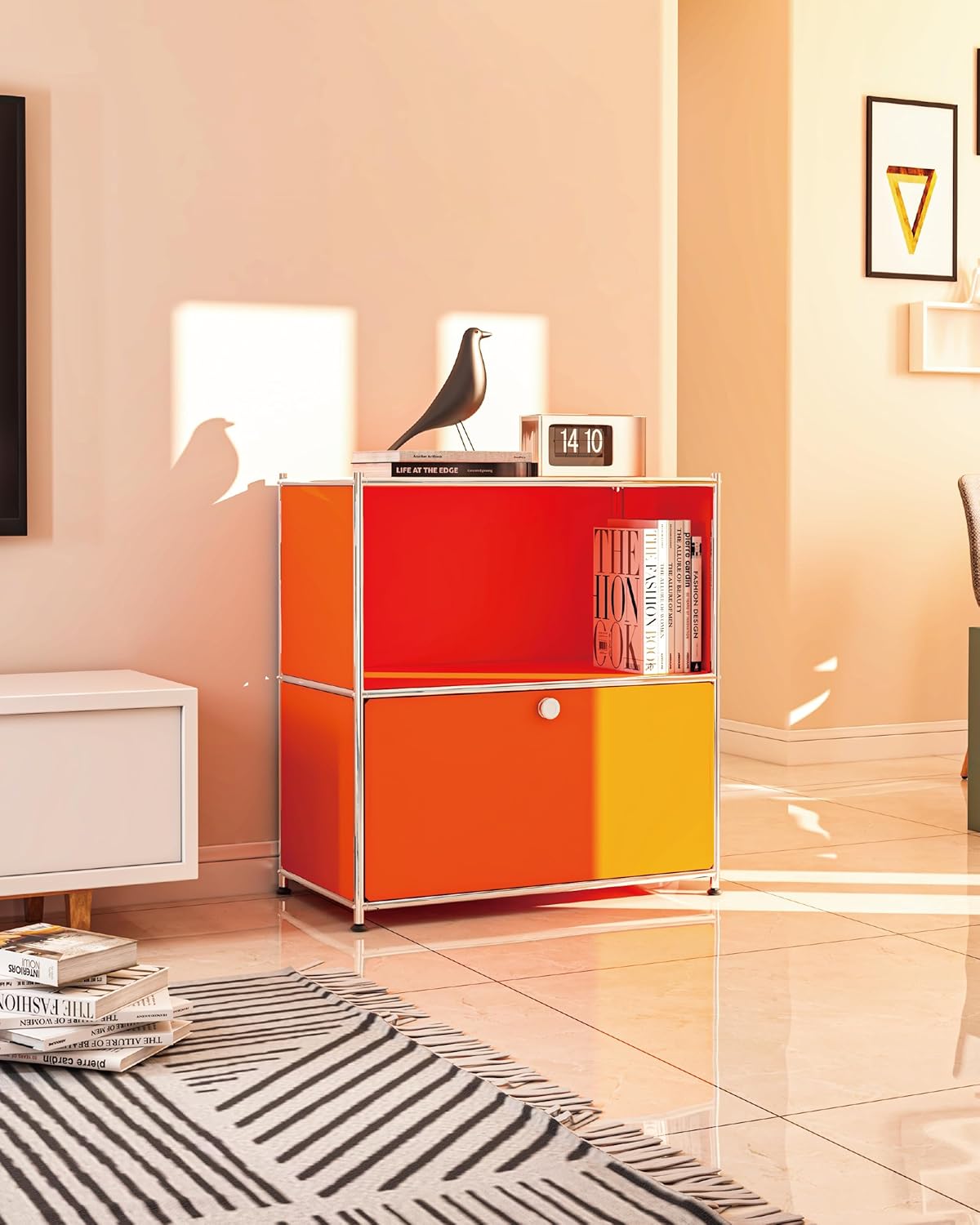325 Inch Flip Top Side Table with Detachable Wheels and Storage - Modern Orange Bedroom Furniture